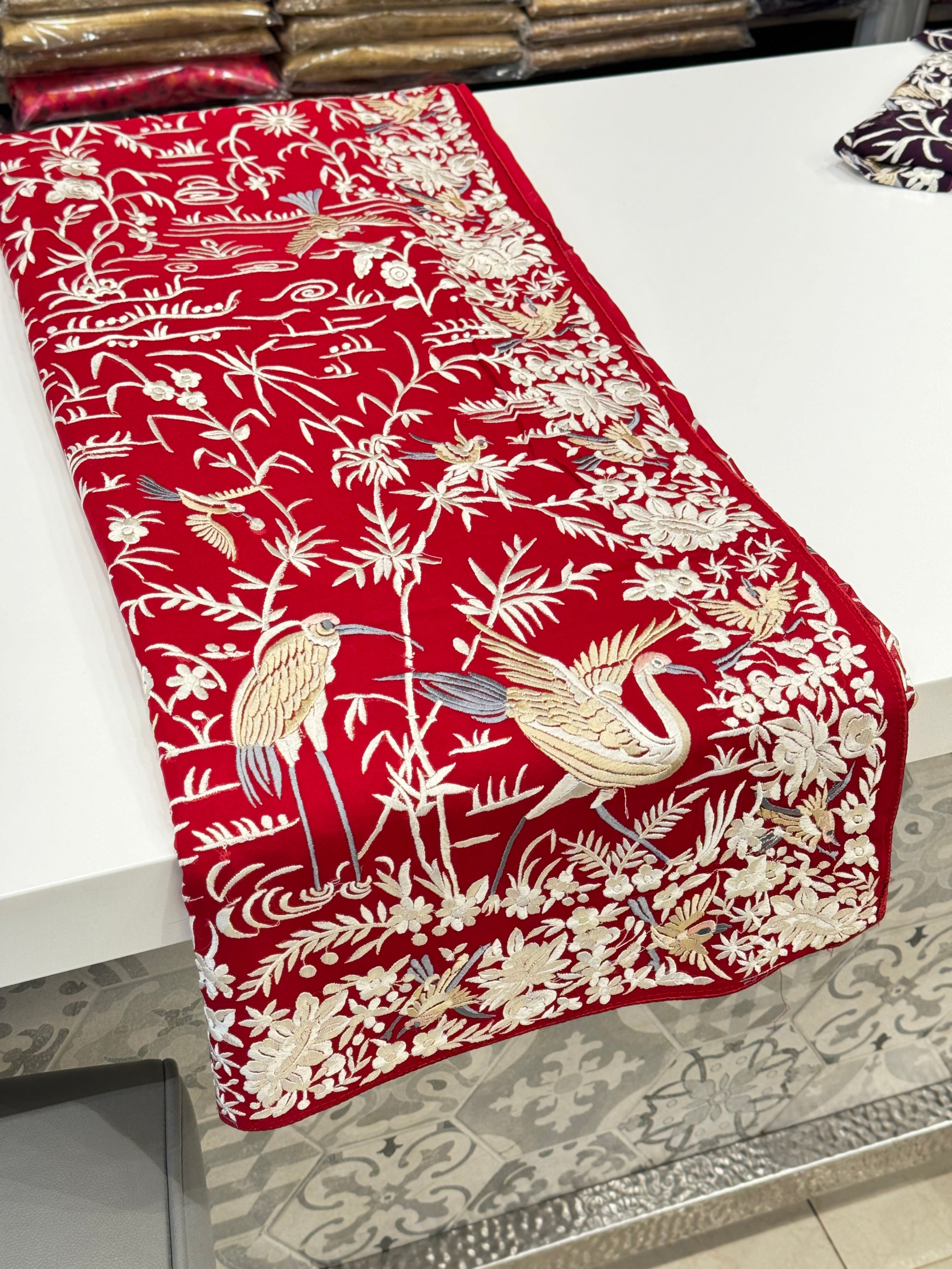 Red Georgette Flying Flamingo Parsi Gara Saree