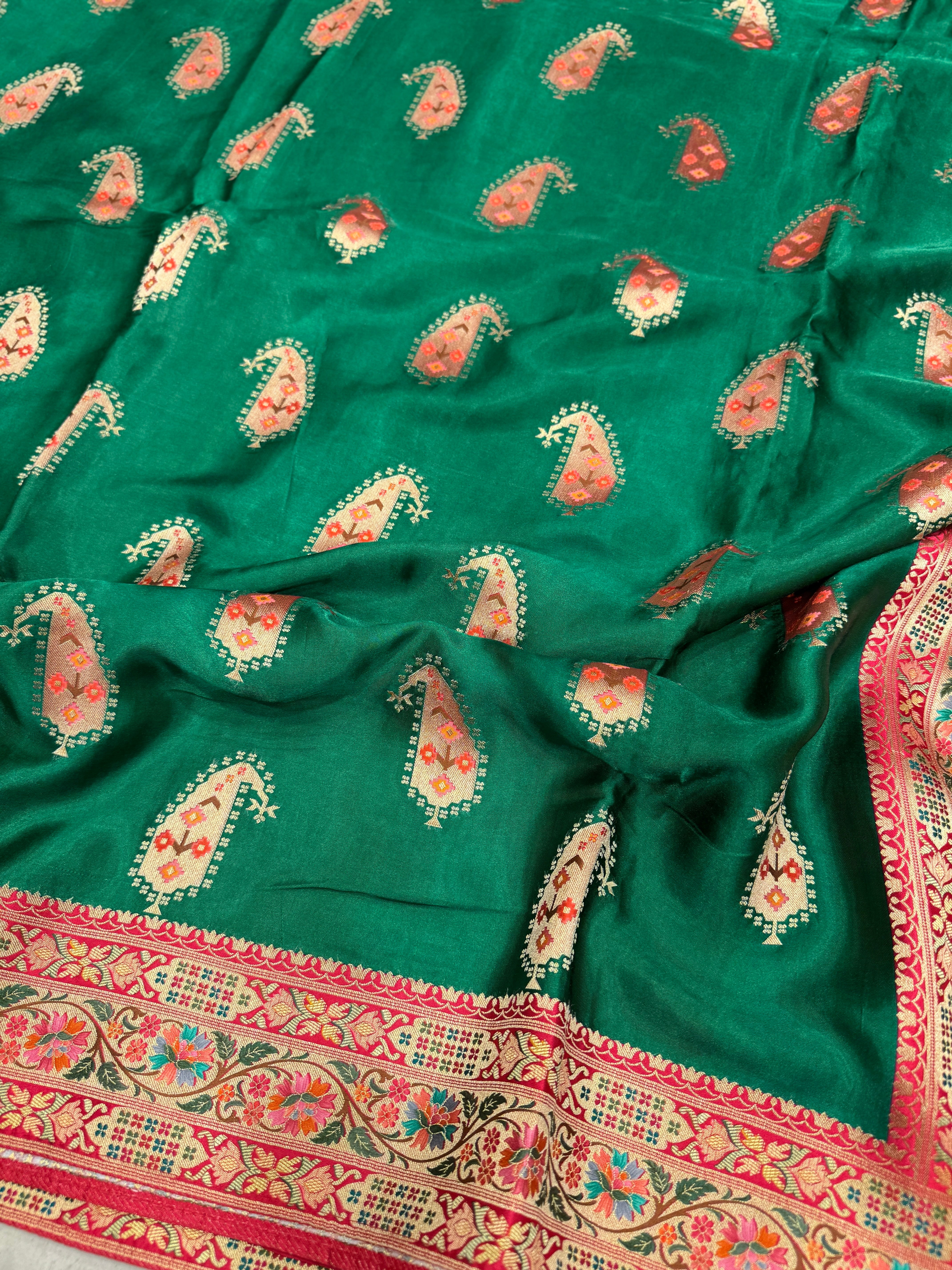 Bottle Green Banarasi Keri Butta Modal Satin Saree