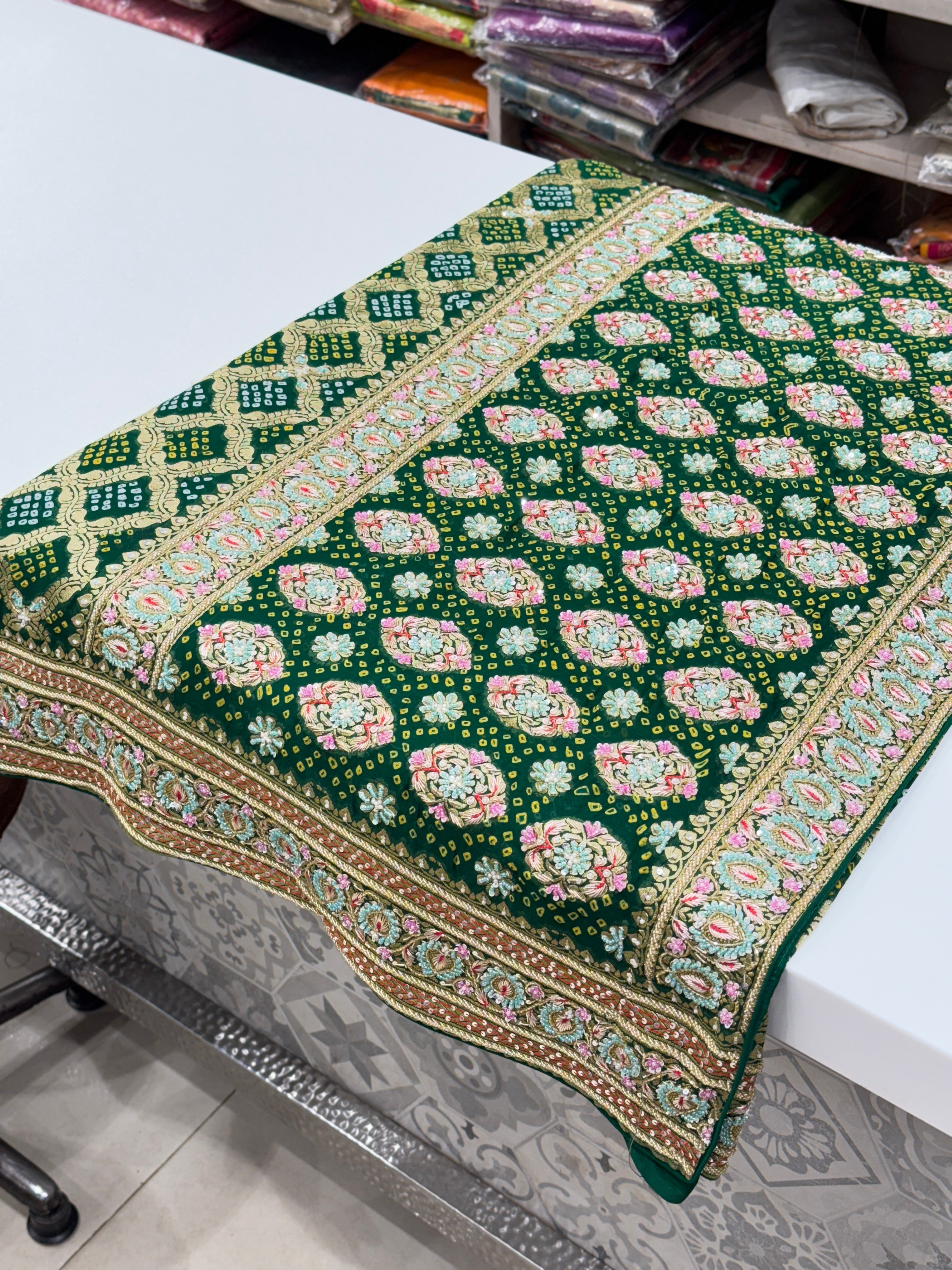 Bottle Green Bandhej Hand Embroidery Saree