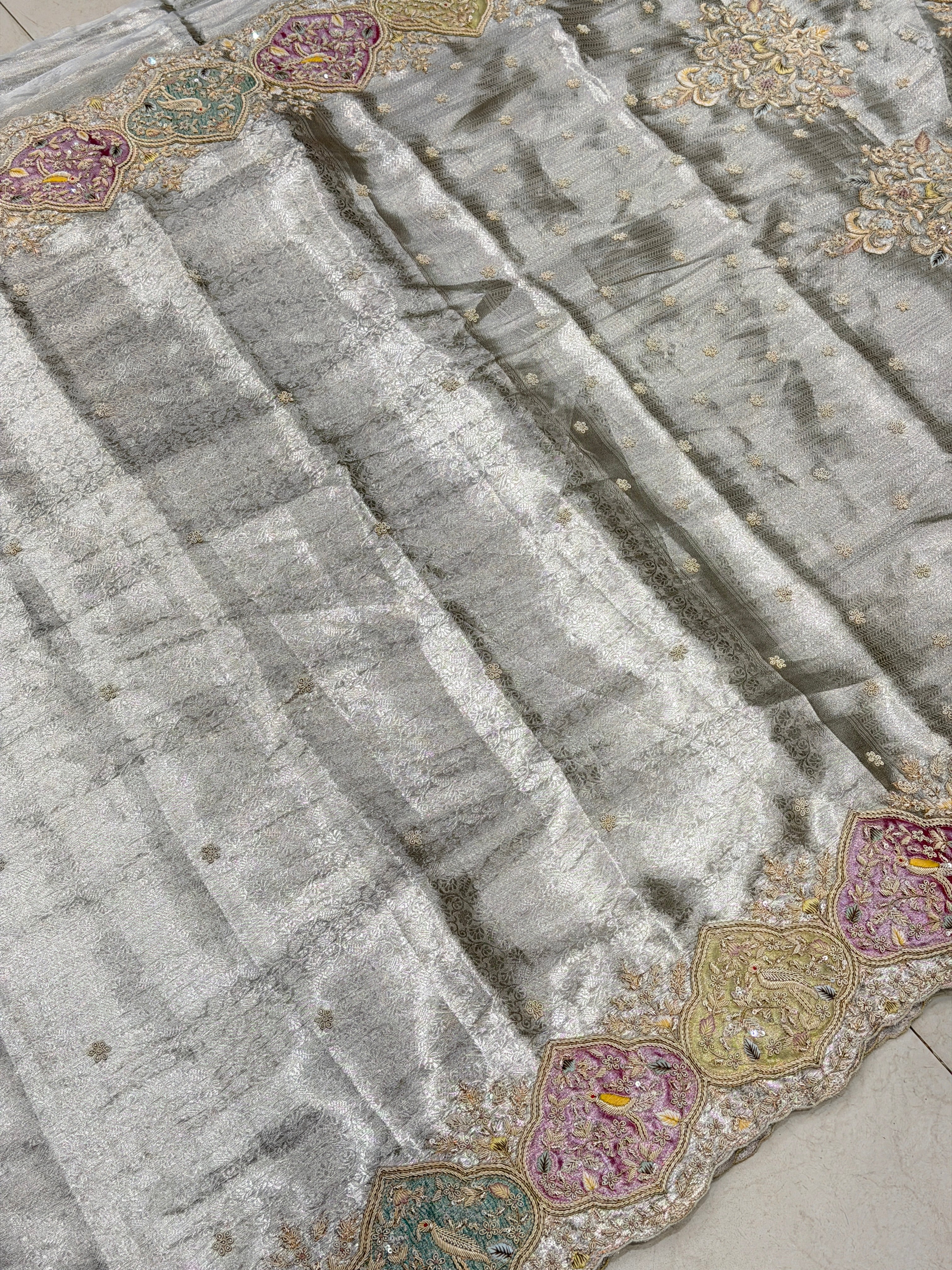 Silver Tissue Kanjivaram Zardosi Patch Work Hand Embroidery Saree