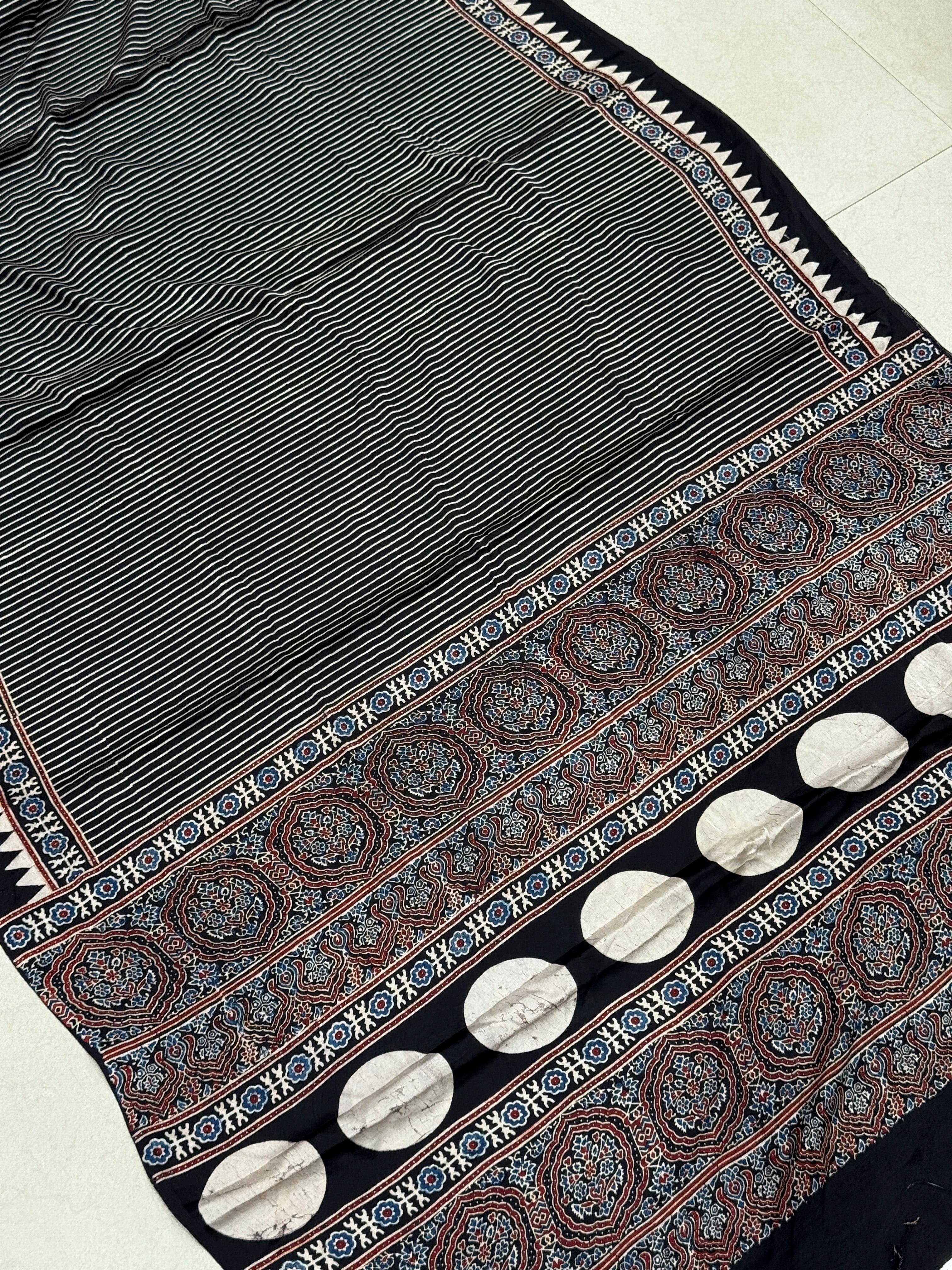 Black Contemporary Box Pallu Ajrakh Block Print Hand Pure Gajji Silk Saree