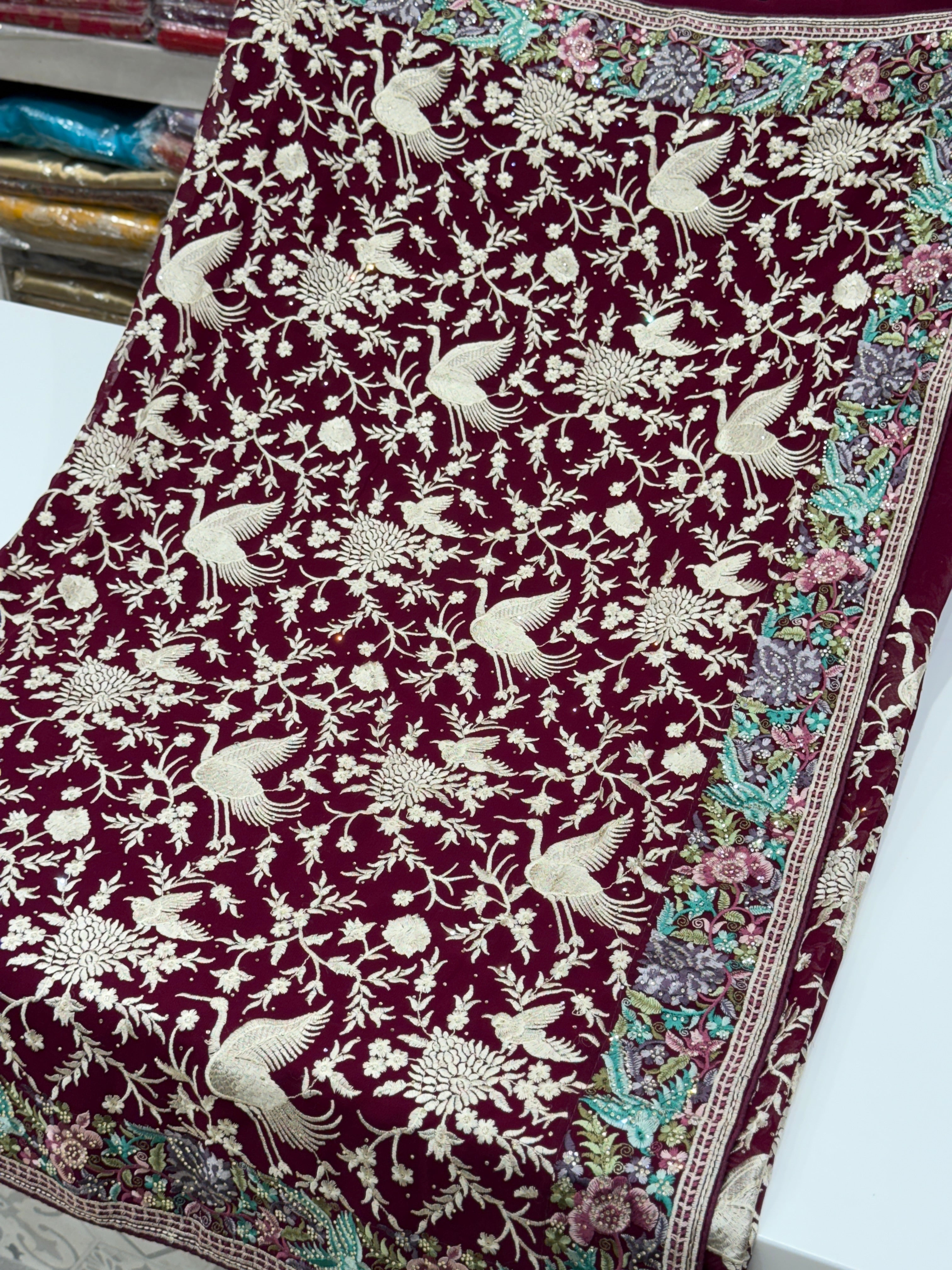 Wine Parsi Gara Saree with Stone Work Resham Embroidery