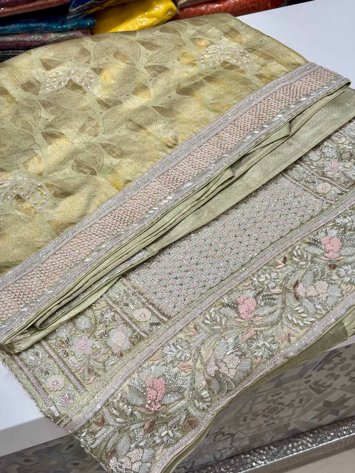 Pista Green Silver Kanjivaram Three Zari Hand Embroidery Zardosi Moti Sequin Saree