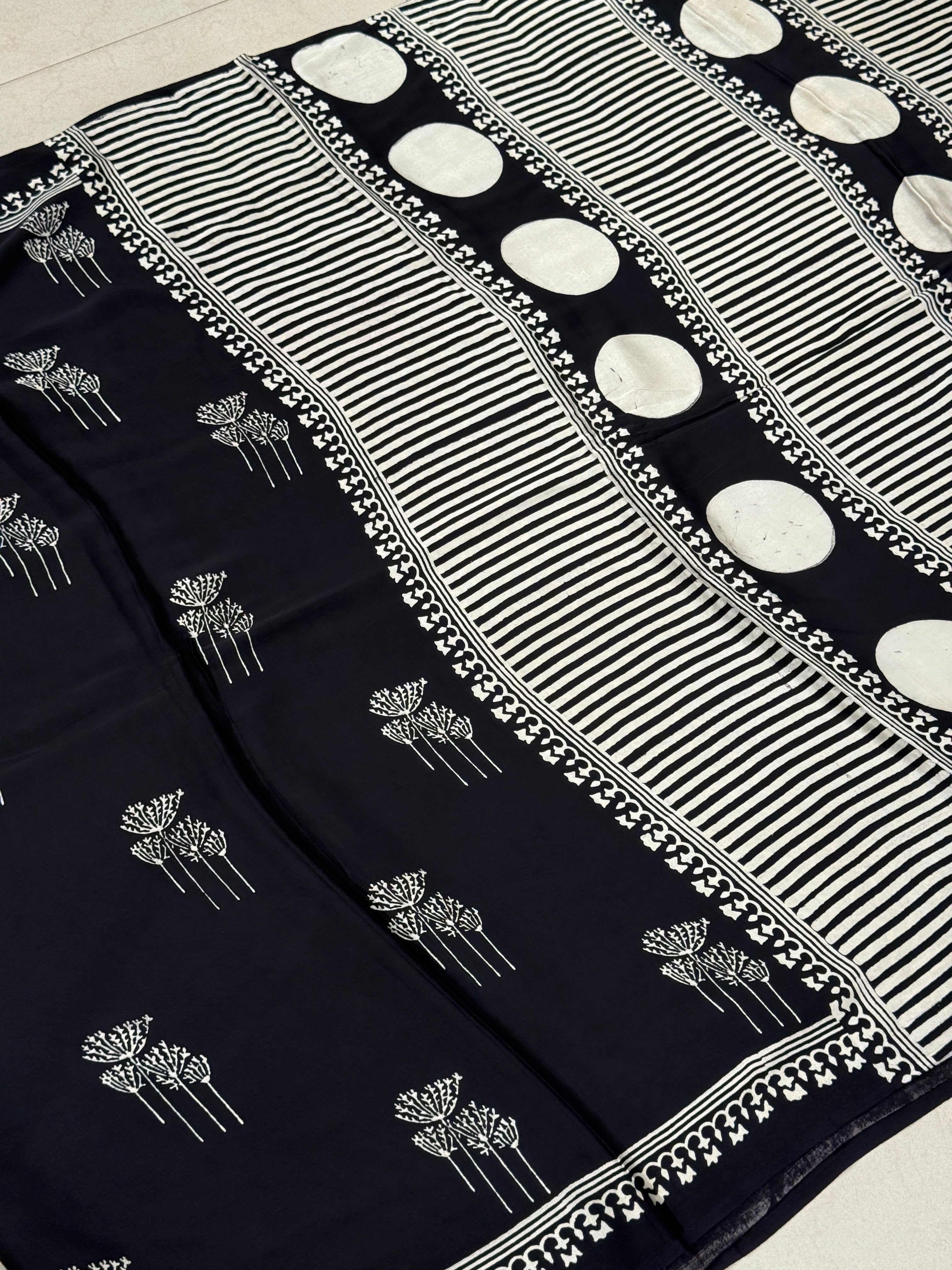 Black White Butti Gajji Silk Ajrakh Saree