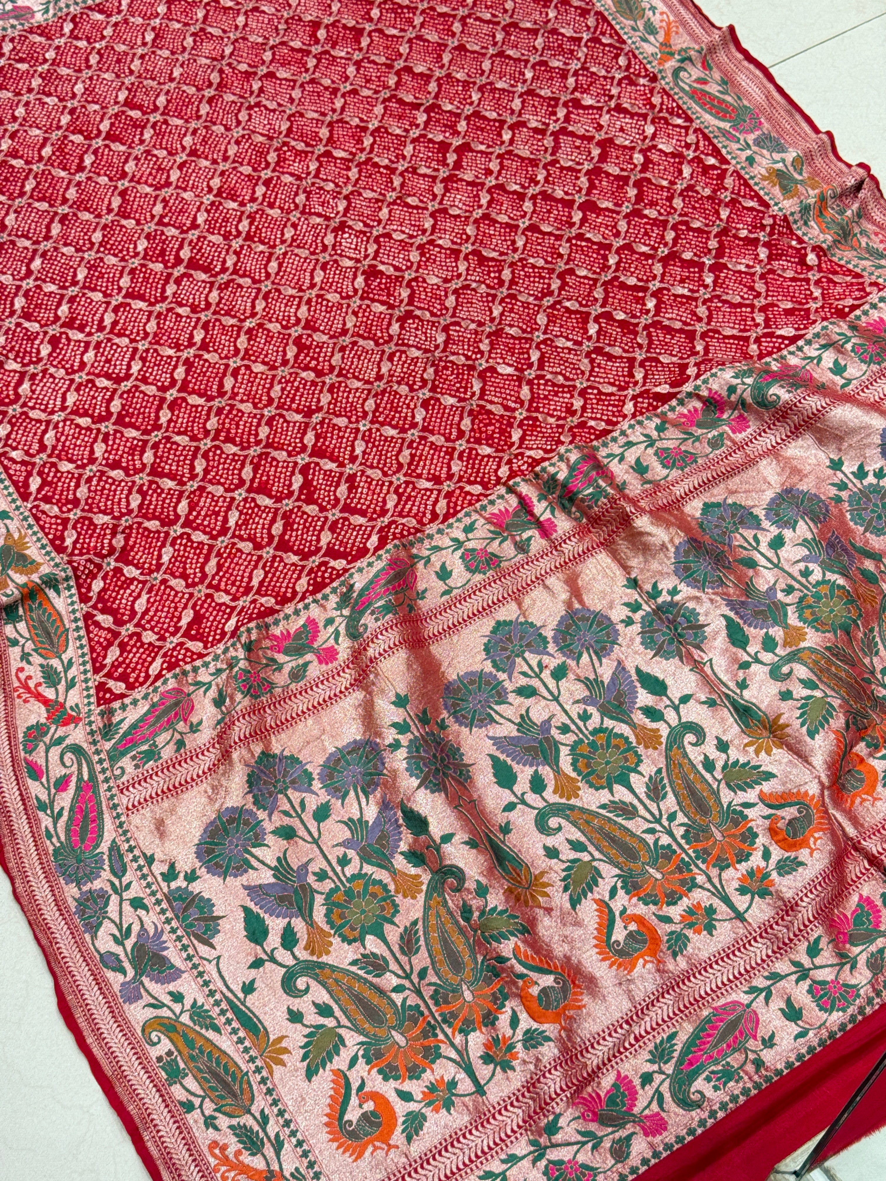 Red Handloom Floral Meenakari Rai Bandhej Pure Zari Dupatta