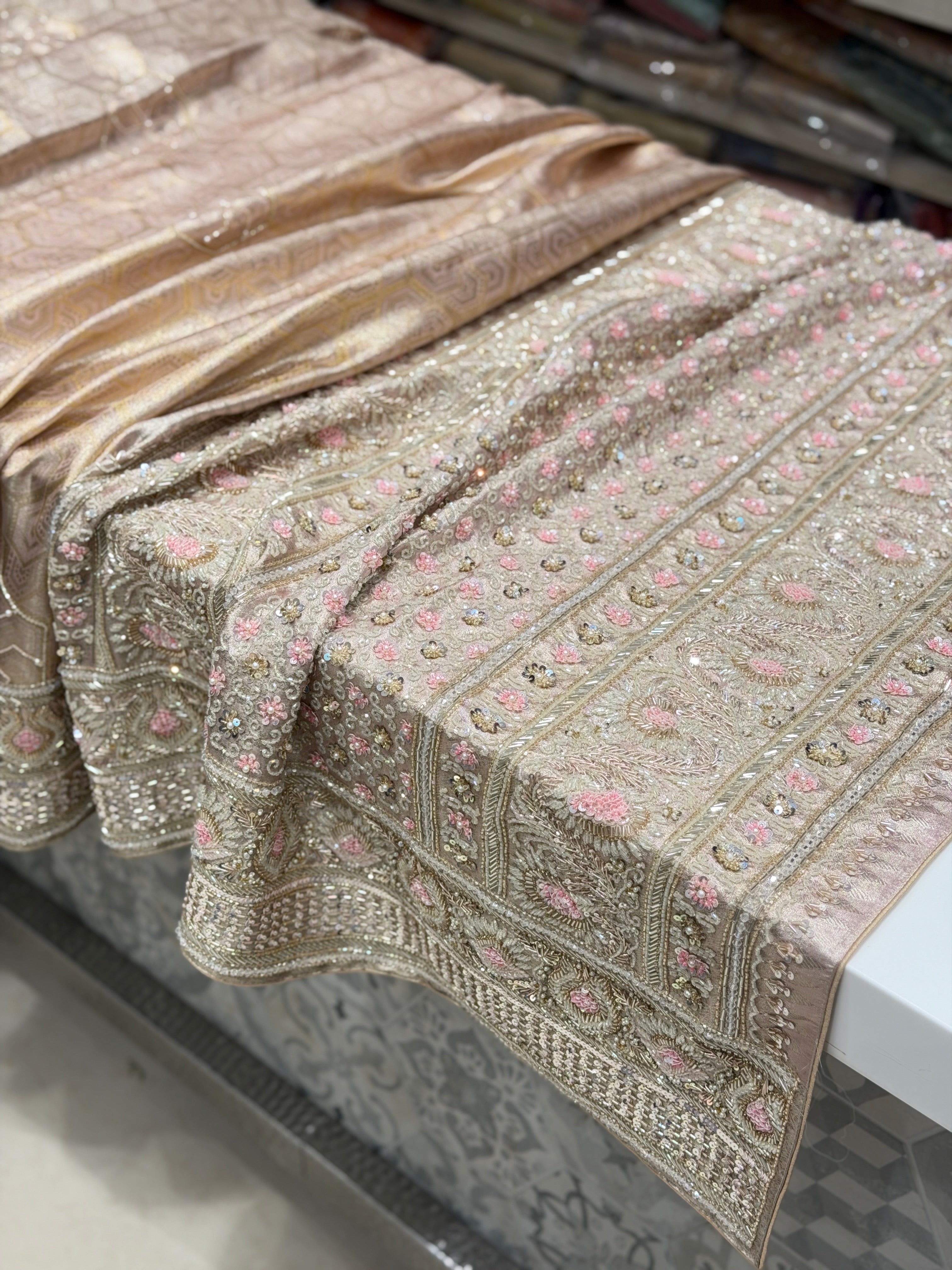 Nude Pink Silver Kanjivaram Three Zari Hand Embroidery Zardosi Moti Sequin Saree