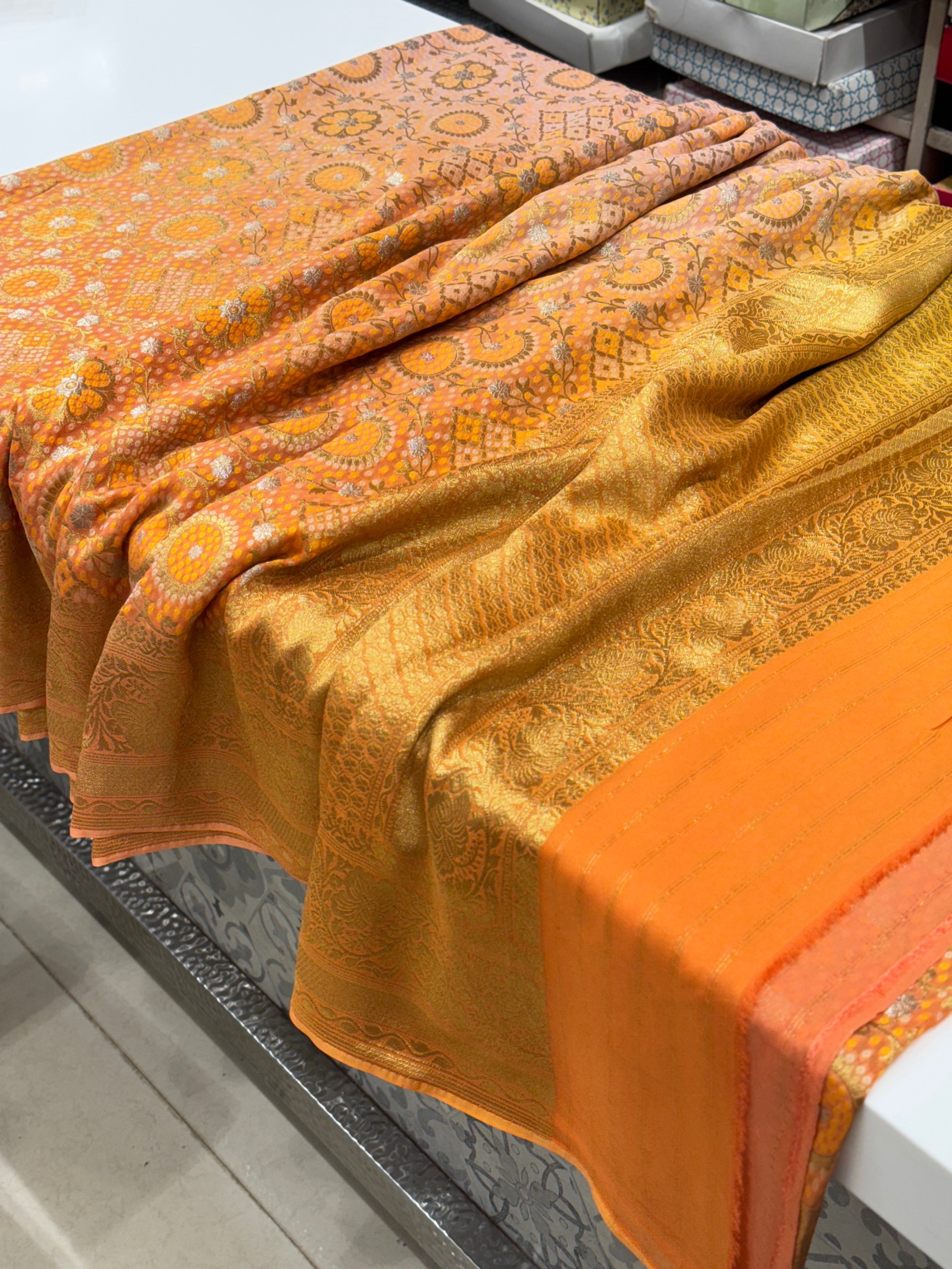 Orange Shaded Woven Bandhej Georgette Banarasi Saree