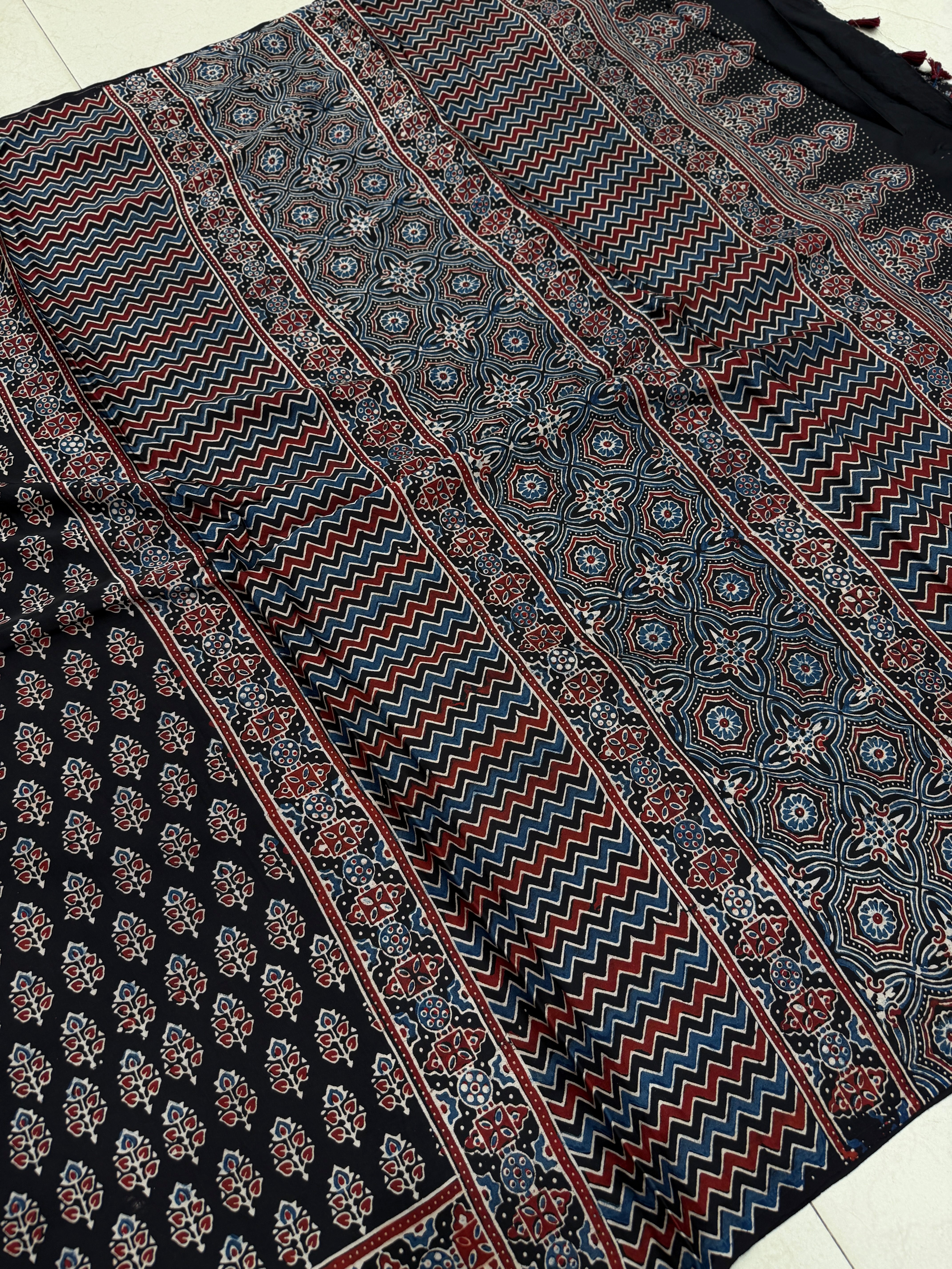 Black Kakkar Buttis Ajrakh Block Print Hand Pure Gajji Silk Saree
