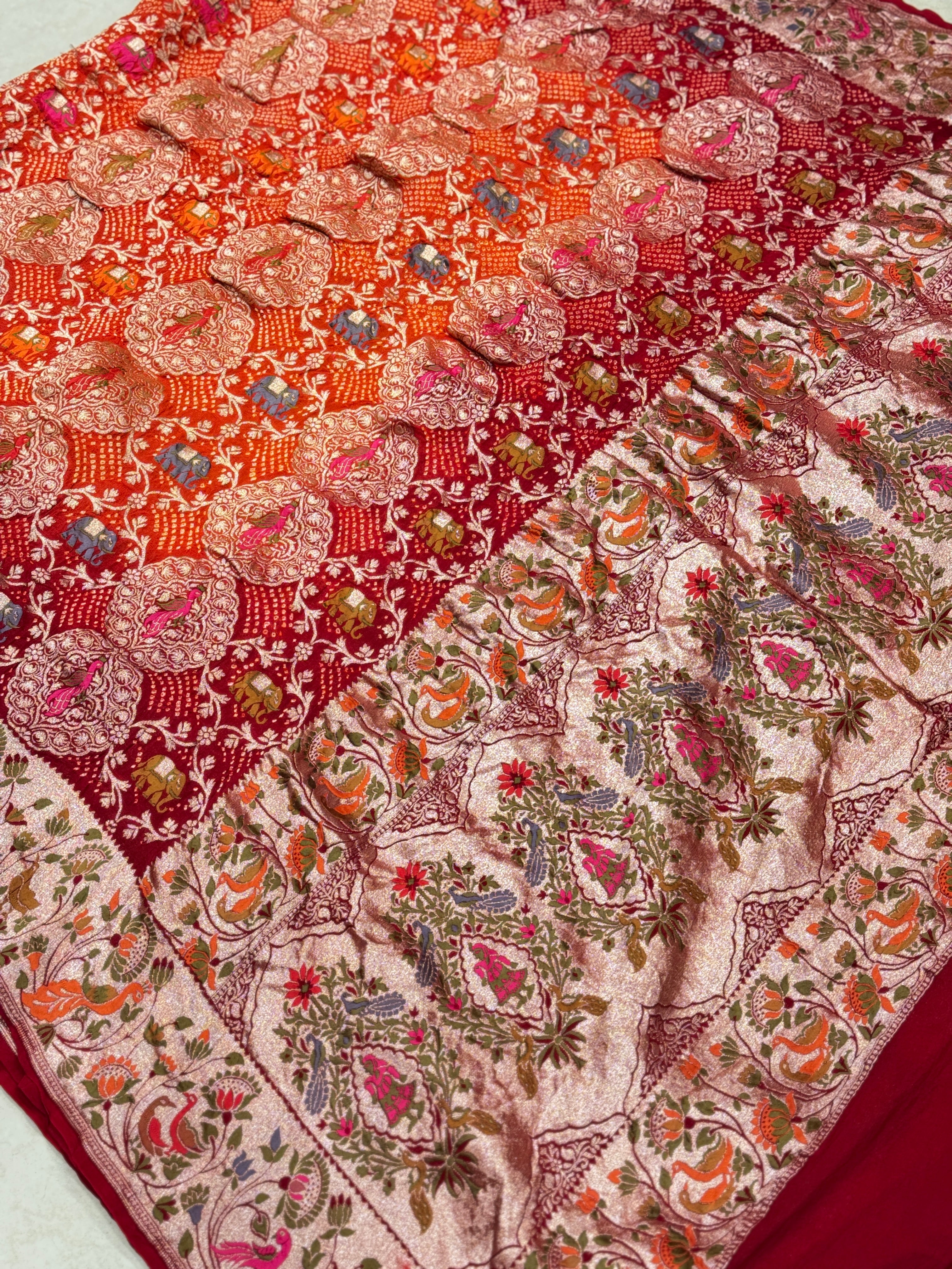 Red Orange Shaded Meenakari Rai Bandhej Shikara Saree