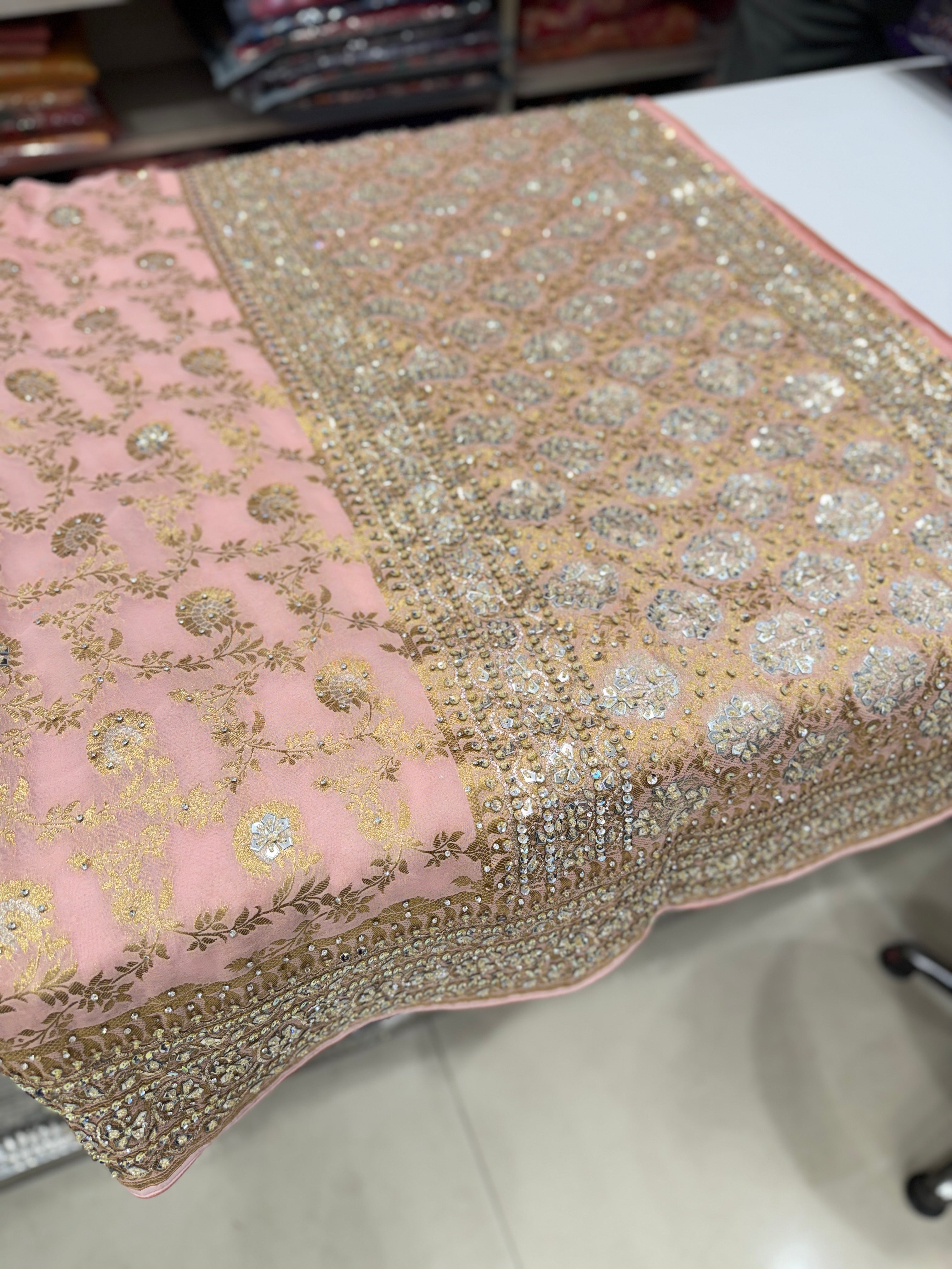 Pink Banarasi Khaddi Georgette Pita Zardosi Hand Embroidery Saree