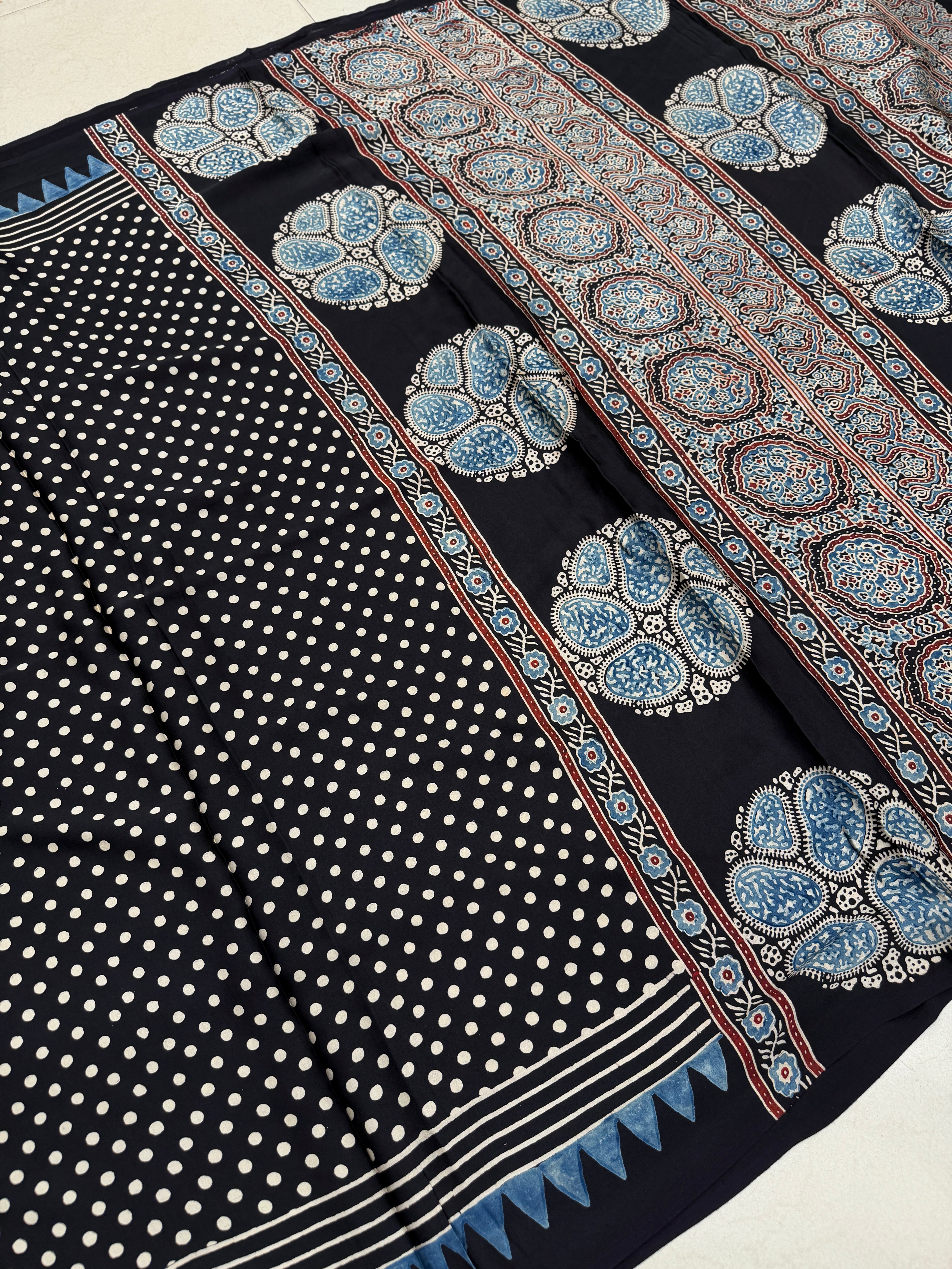 Black Polka Dots Ajrakh Block Print Hand Pure Gajji Silk Saree