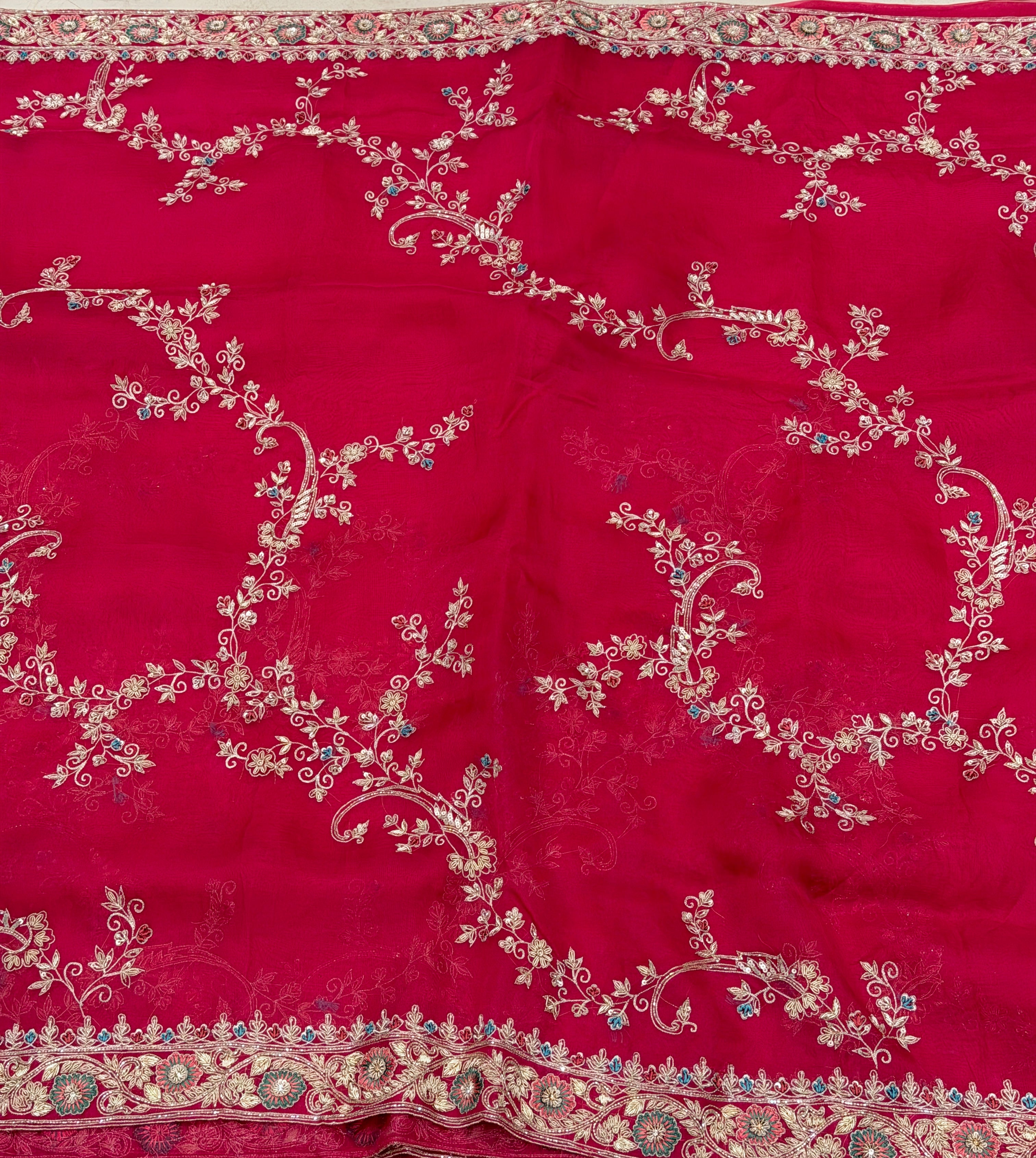 Rani Pink Organza Resham Zardosi Hand Embroidery Saree