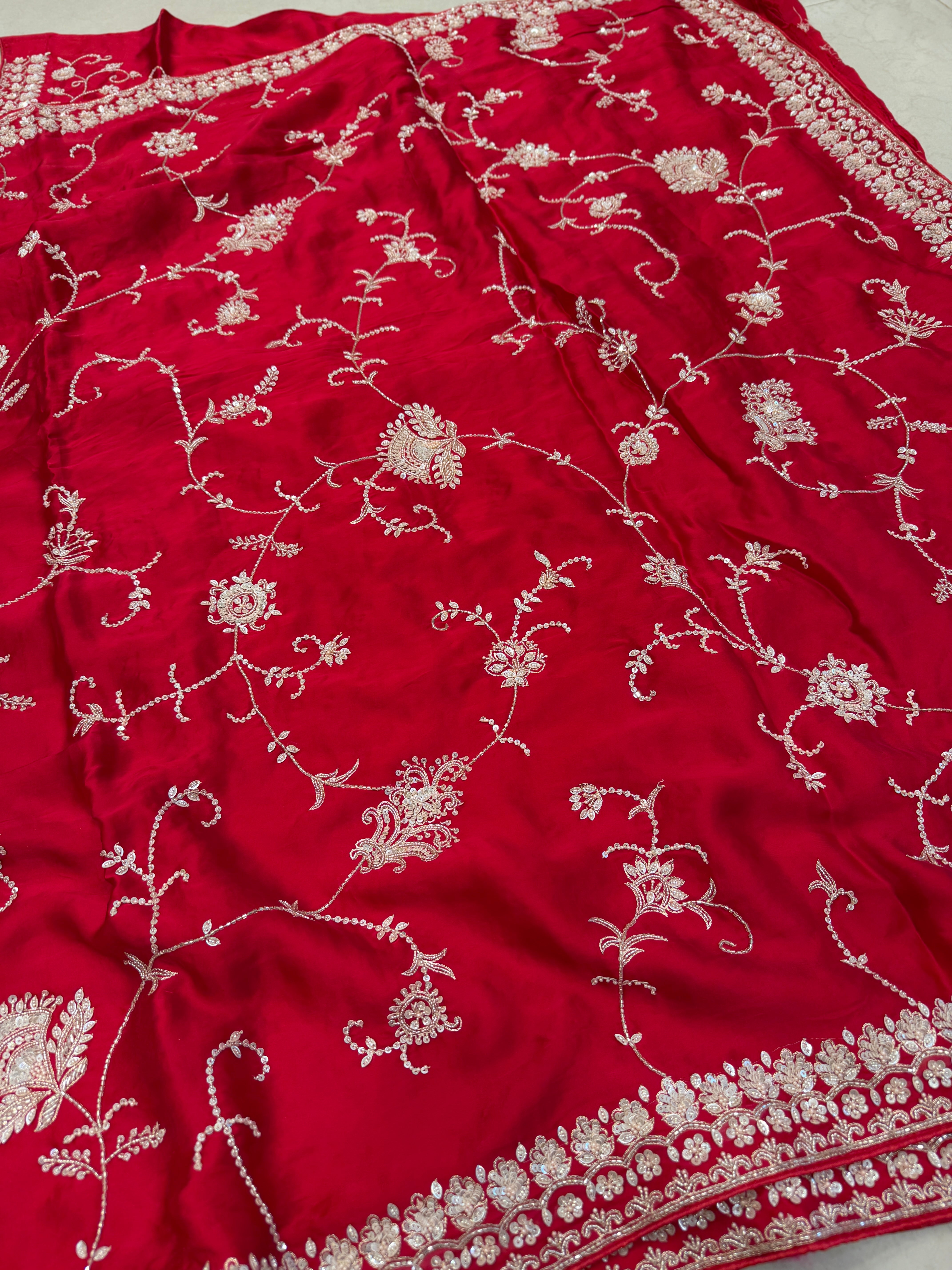Red Satin Silk Moti Sequin Jaal Hand Embroidery Saree