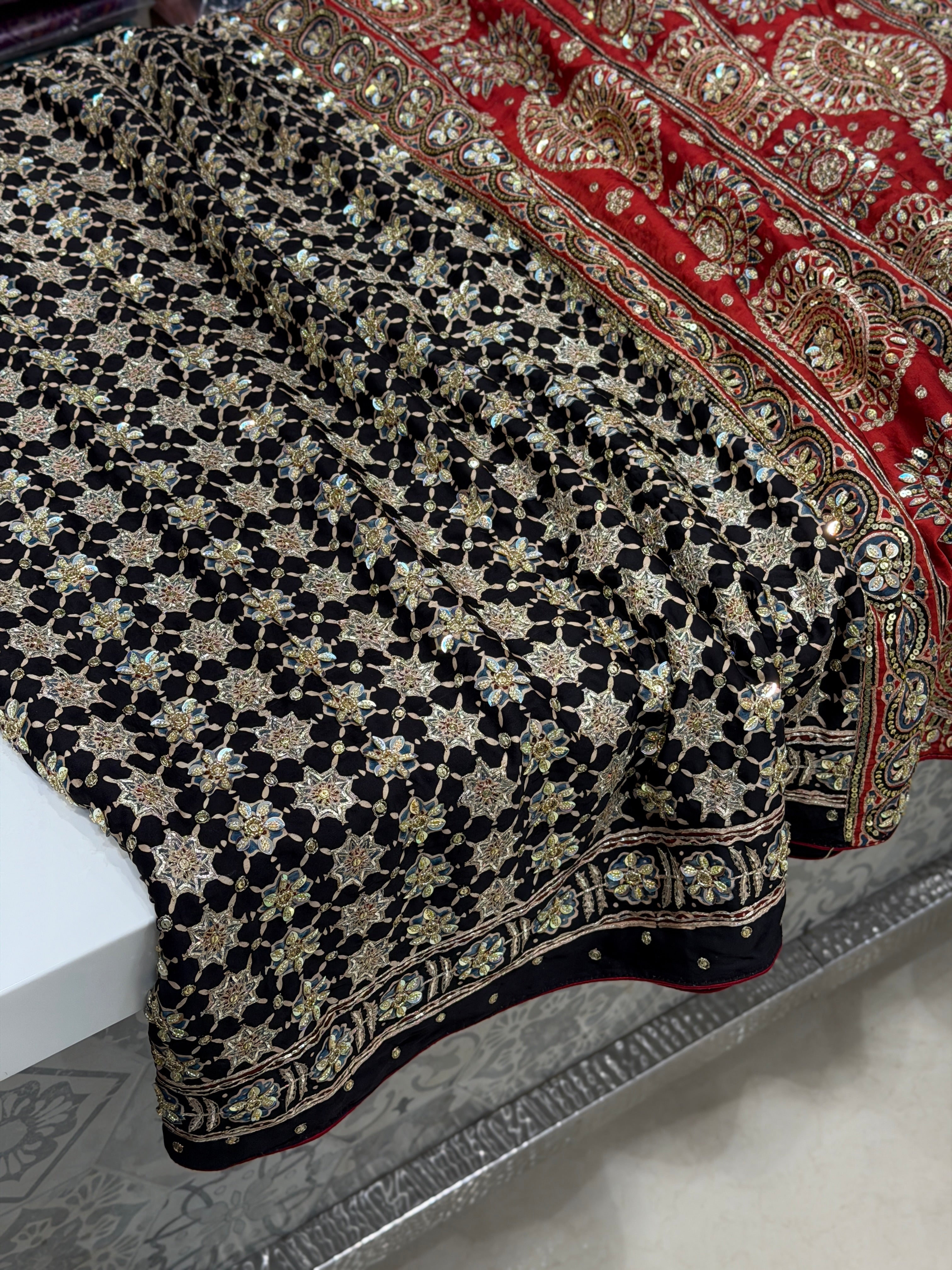 Red Black Jaal Pita Sequin Ajrakh Hand Embroidery Saree