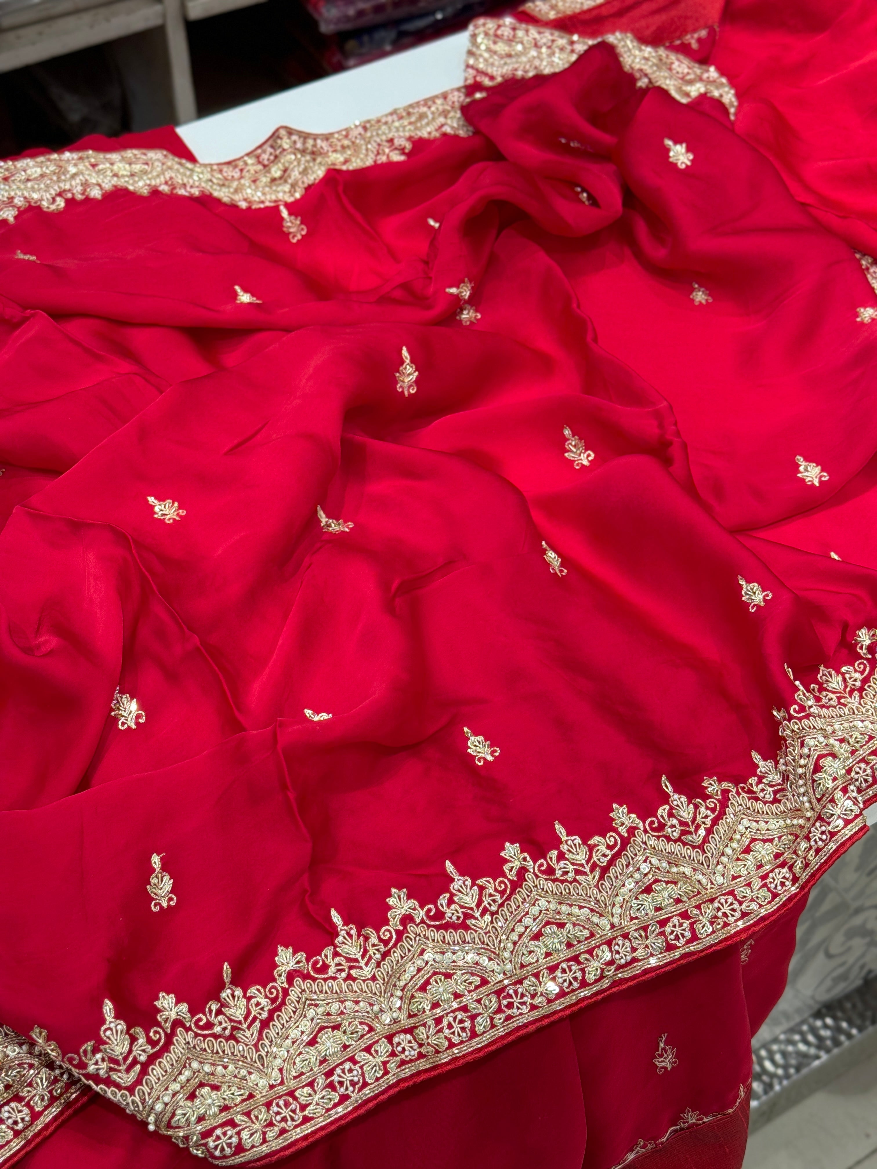 Red Satin Silk Zardosi Border Saree