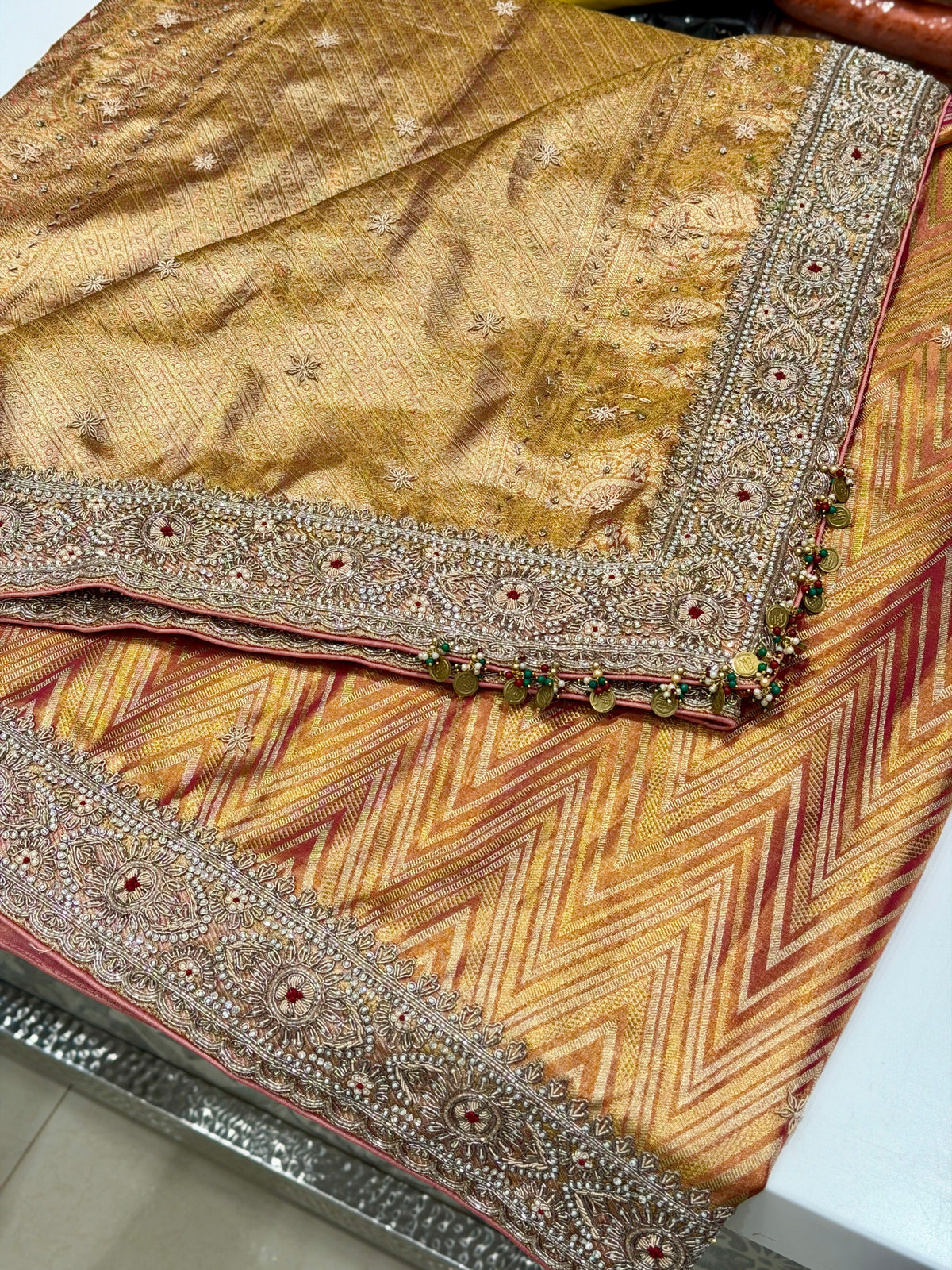 Contemporary Tissue Kanjivaram Zardosi Moti Hand Embroidery Saree