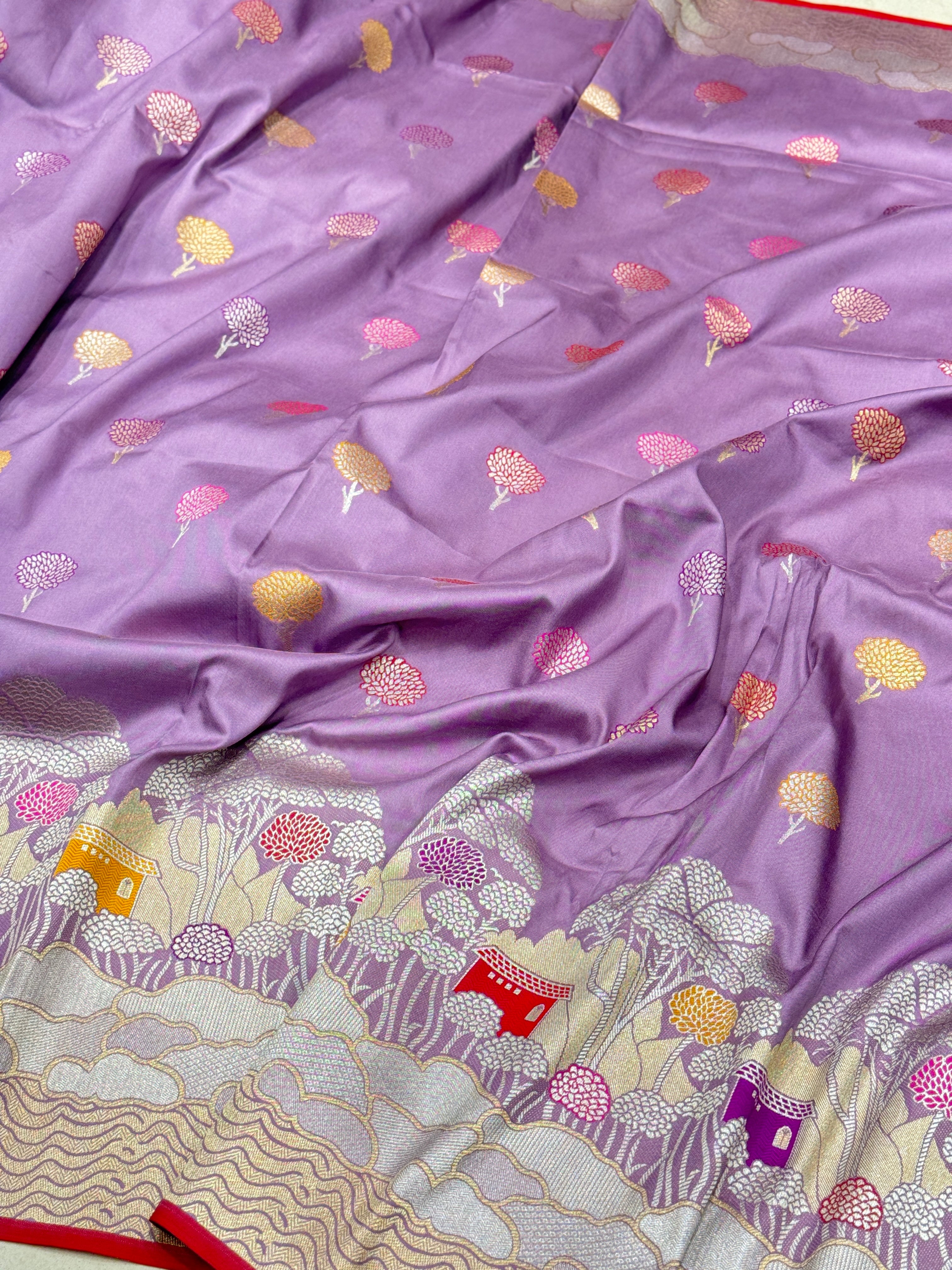 Lilac Contemporary Landscape Banarasi Silk Saree