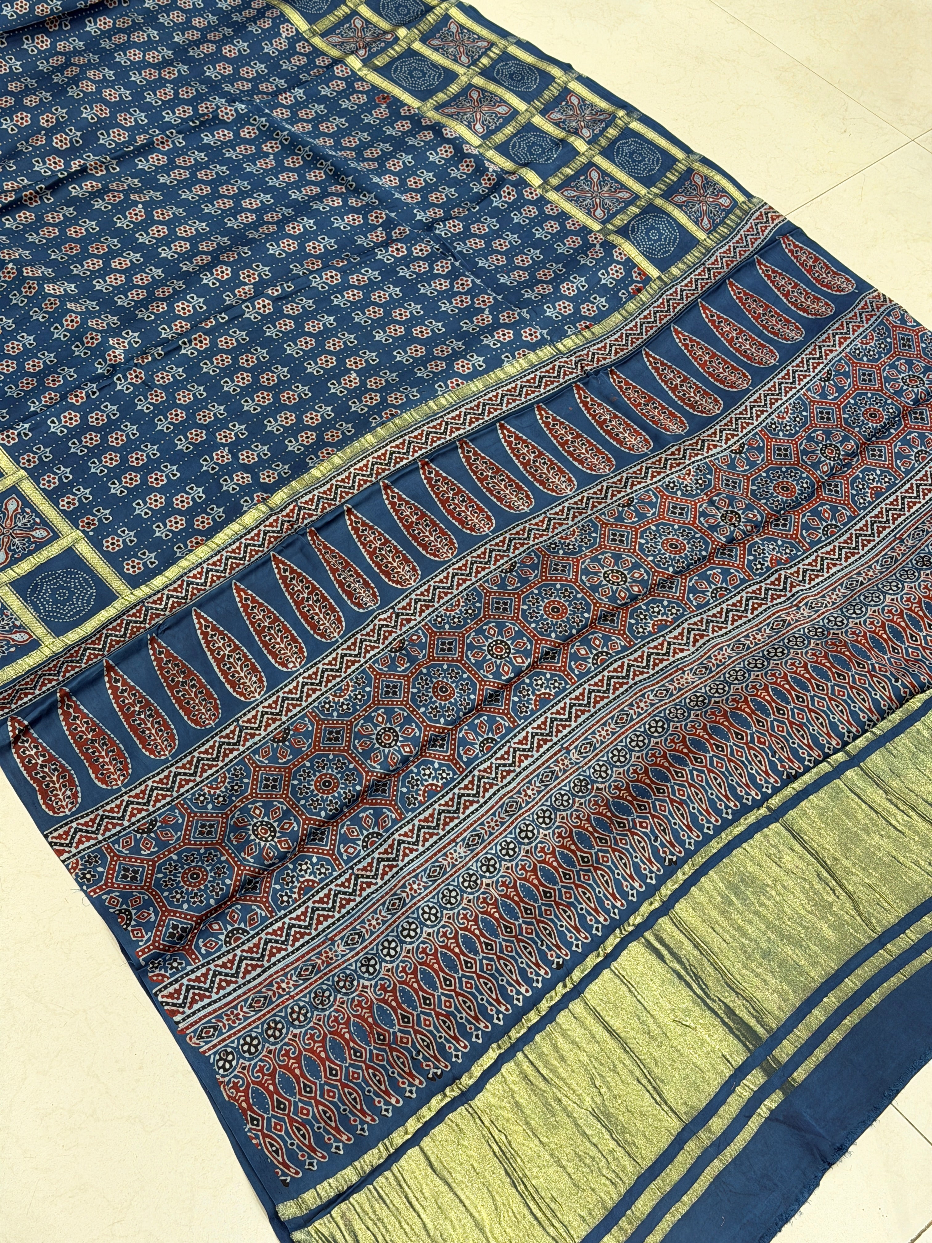 Blue Checks Border Lagdipatta Ajrakh Hand Block Print Pure Modal Silk Saree