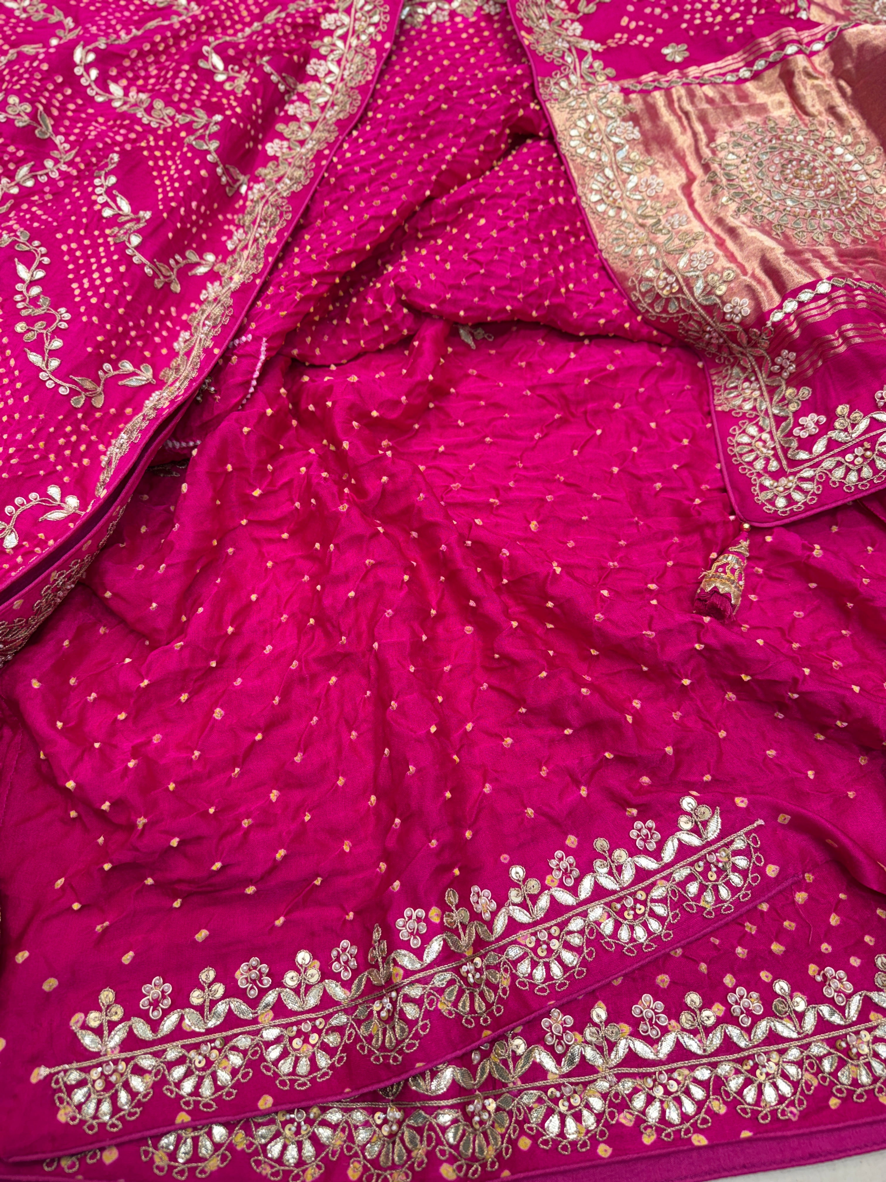 Rani Pink Gajji Silk Rai Bandhej Hand Done Gotapatti Saree