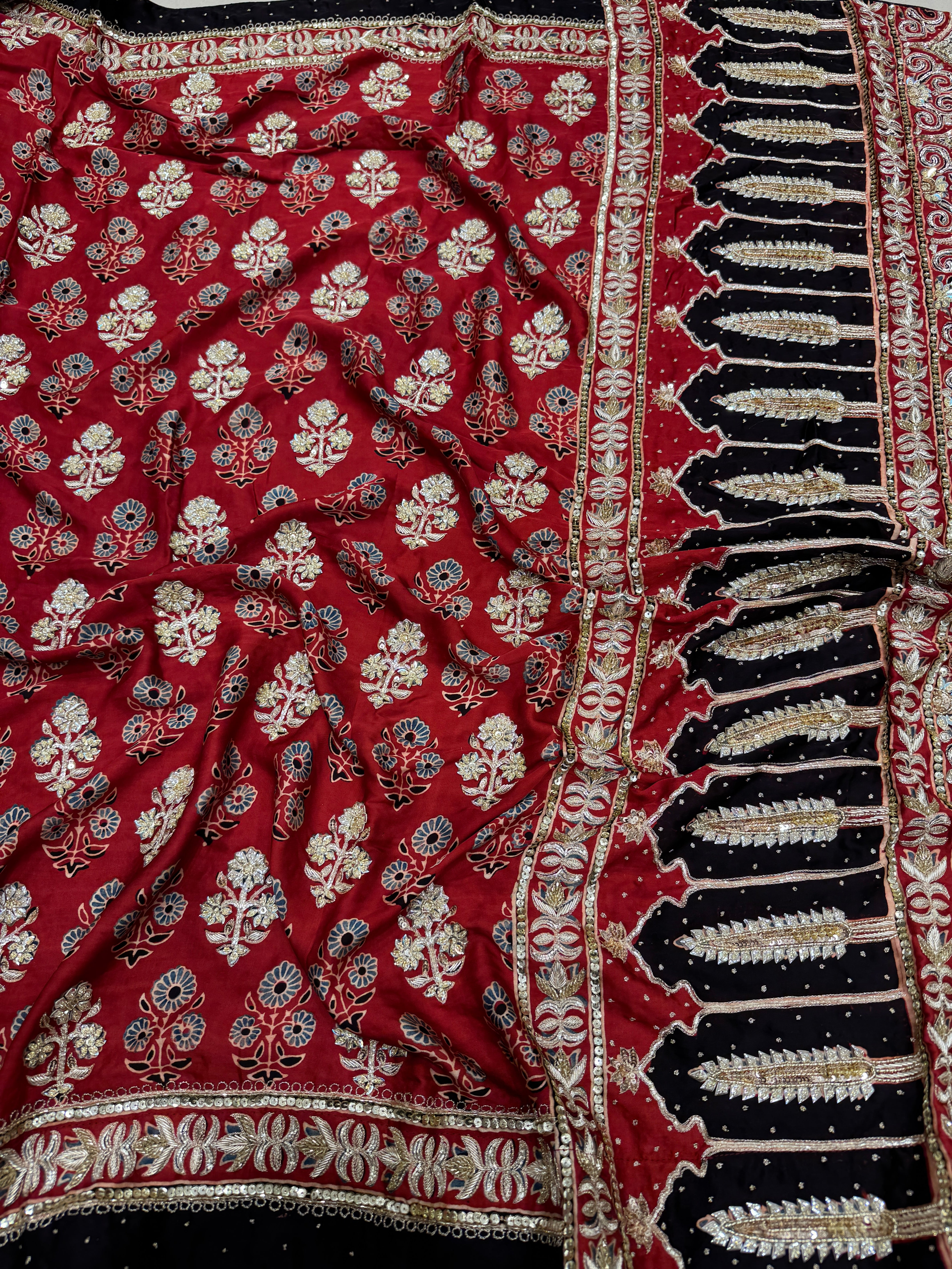 Red Floral Buttas Ajrakh Hand Embroidery Saree