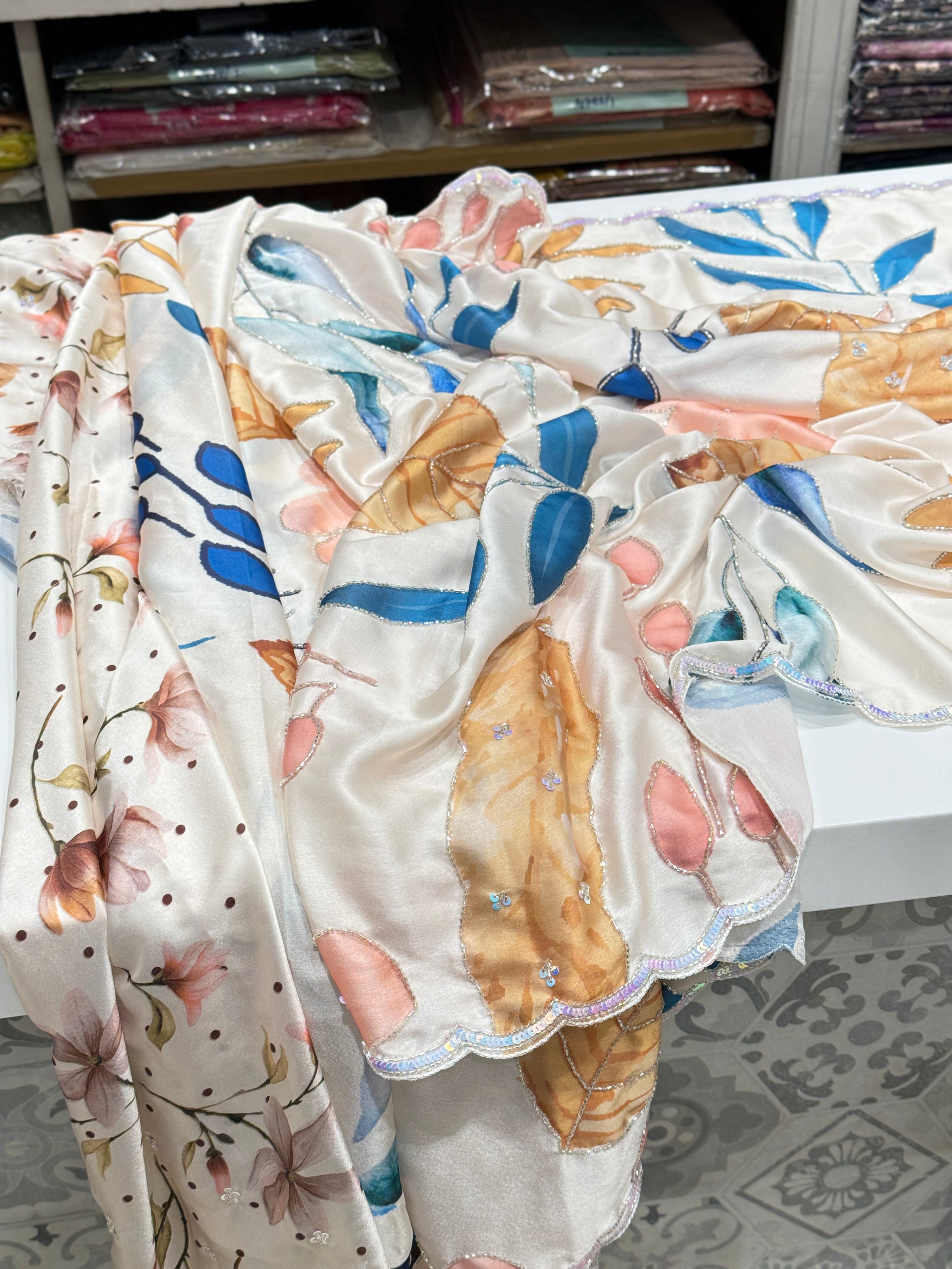 Japanese Floral Satin Hand Embroidery Saree