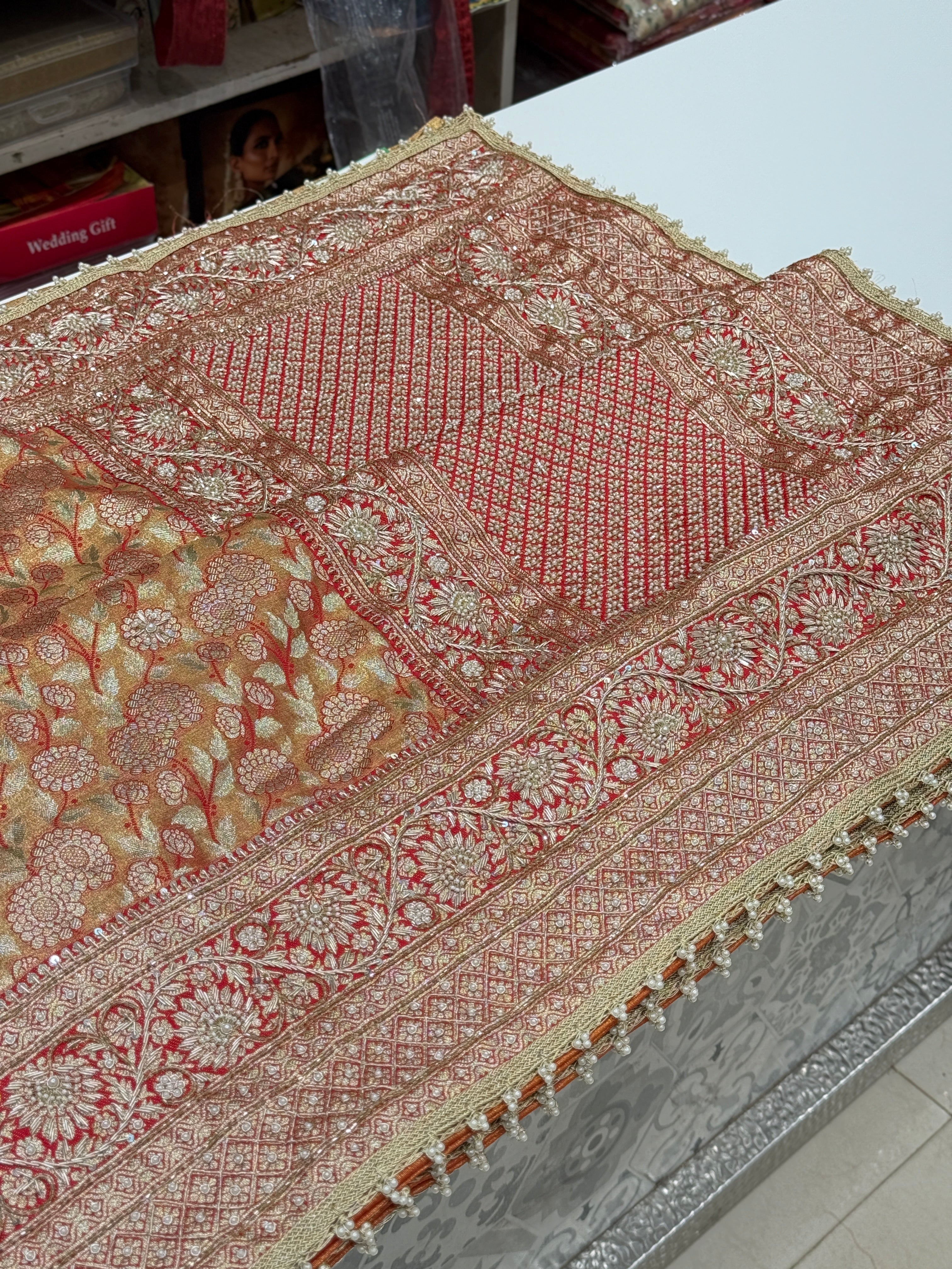 Red Tissue Kanjivaram Zardosi Embroidery Saree