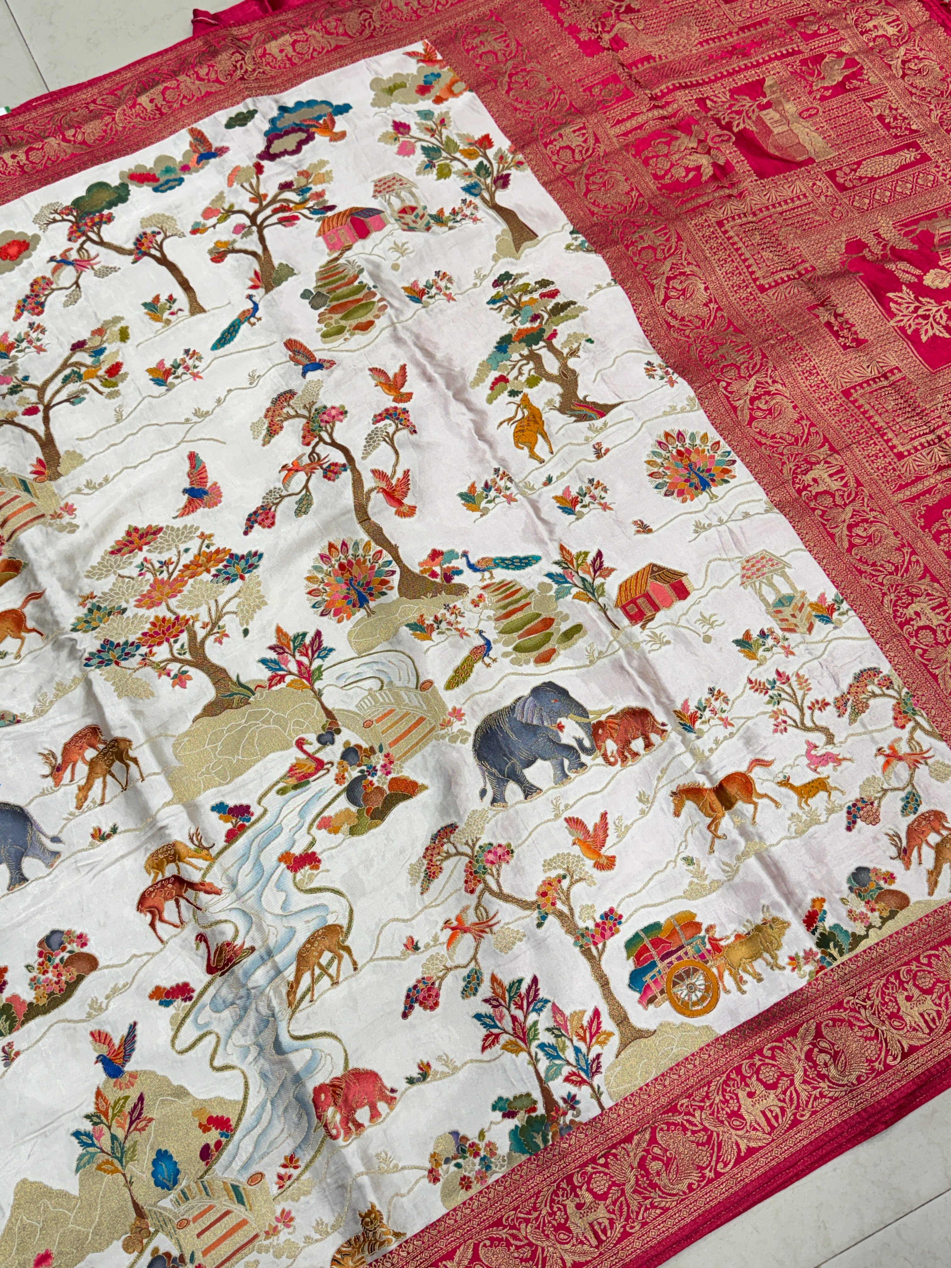 Moti White Modal Shikara Banarasi Saree