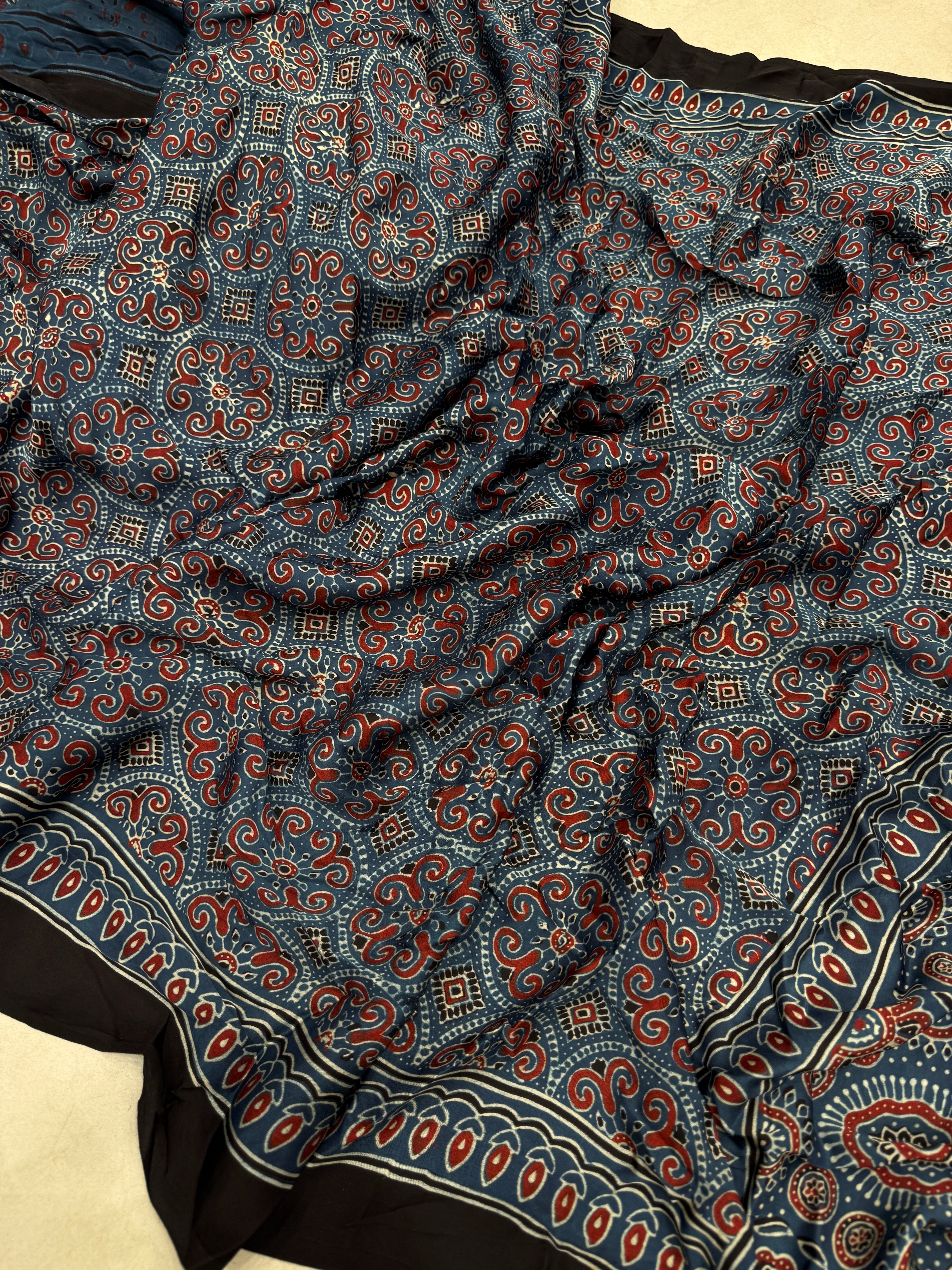 Blue Jewelled Jaal Ajrakh Modal Gajji Silk Saree
