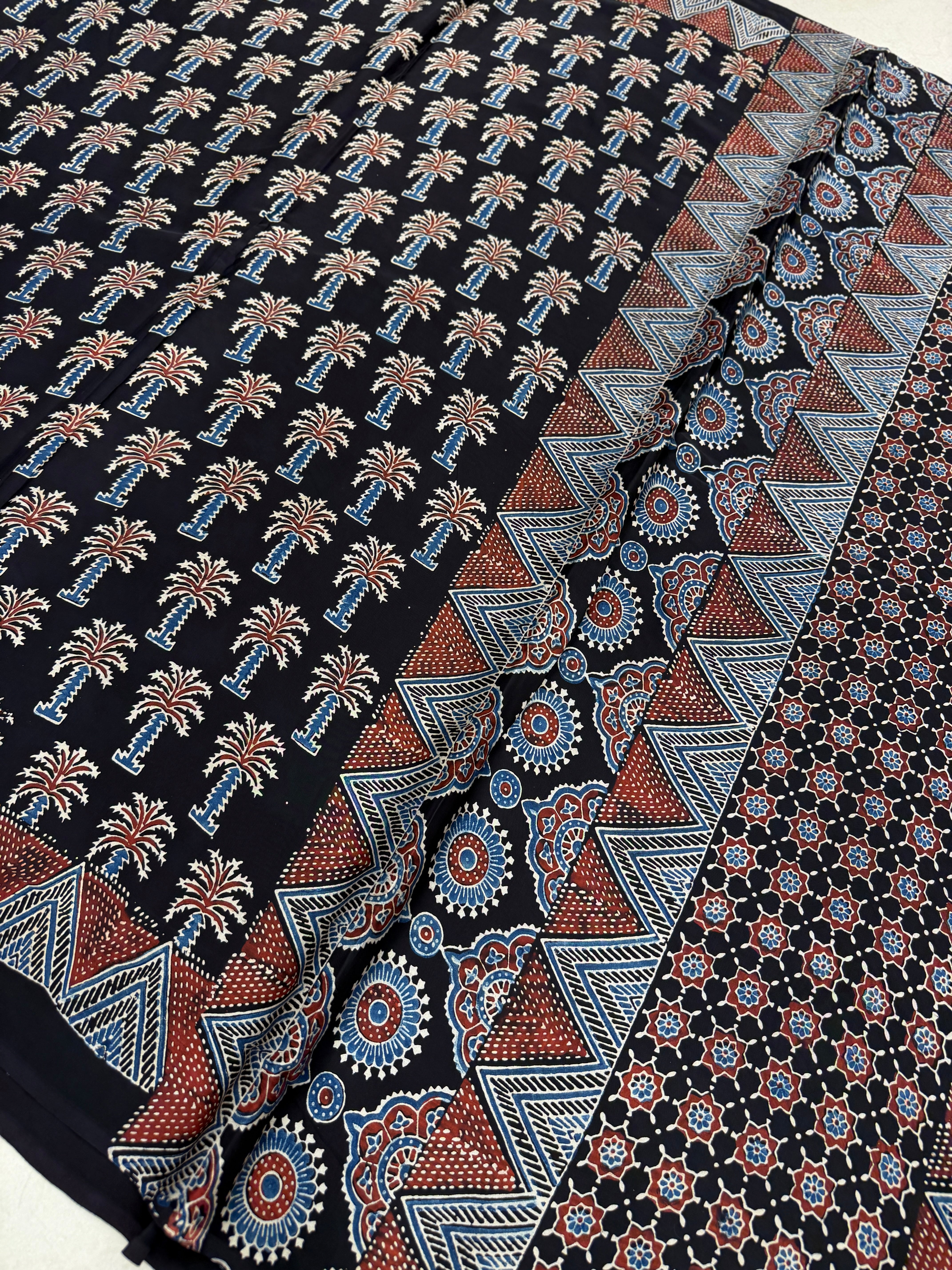 Black Palm Tree Butta Ajrakh Hand Block Print Pure Gajji Silk Saree