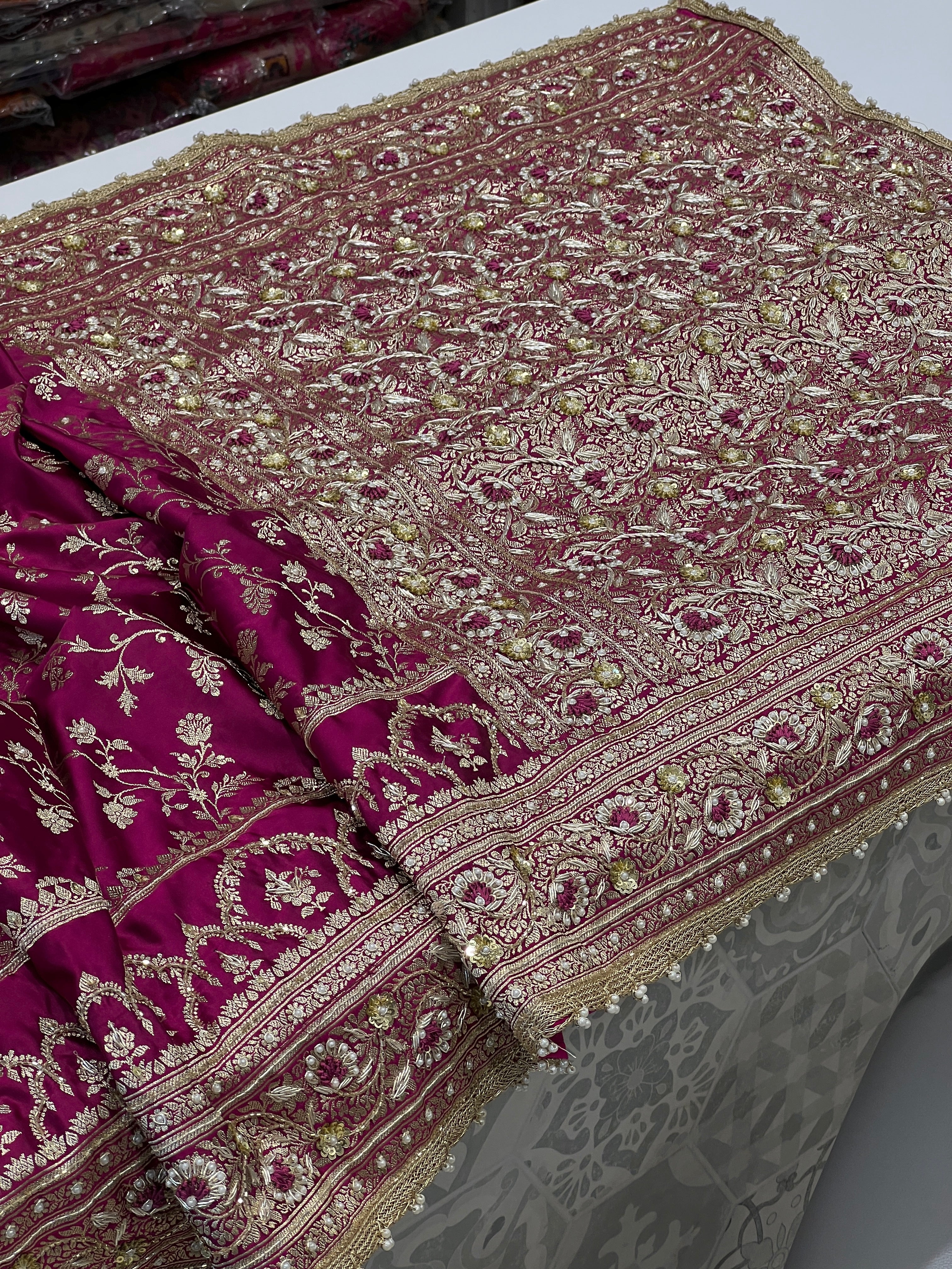 Wine Banarasi Crown Border Resham Embroidery Saree