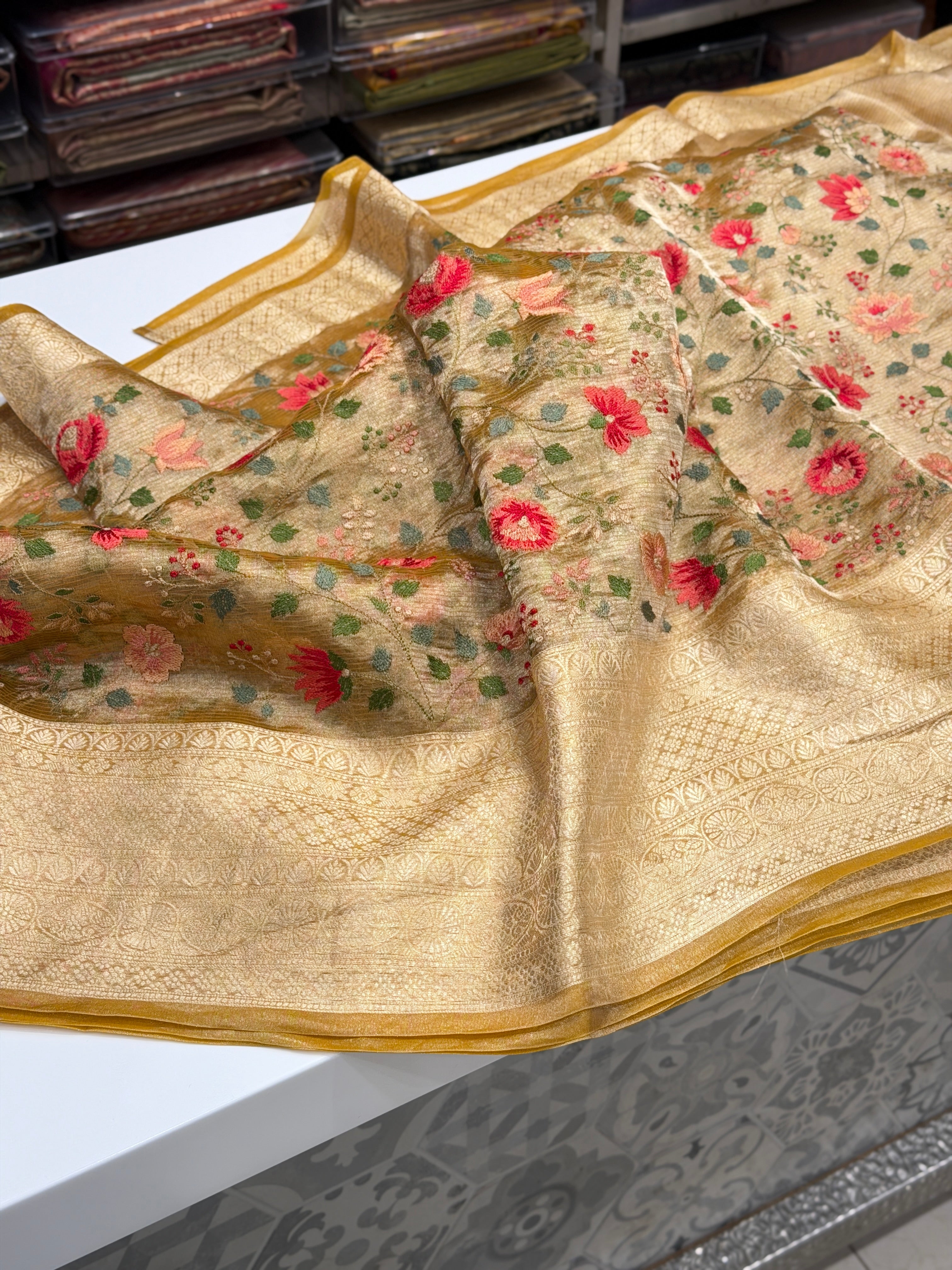 Yellow Zari Tissue Resham Embroidery Saree