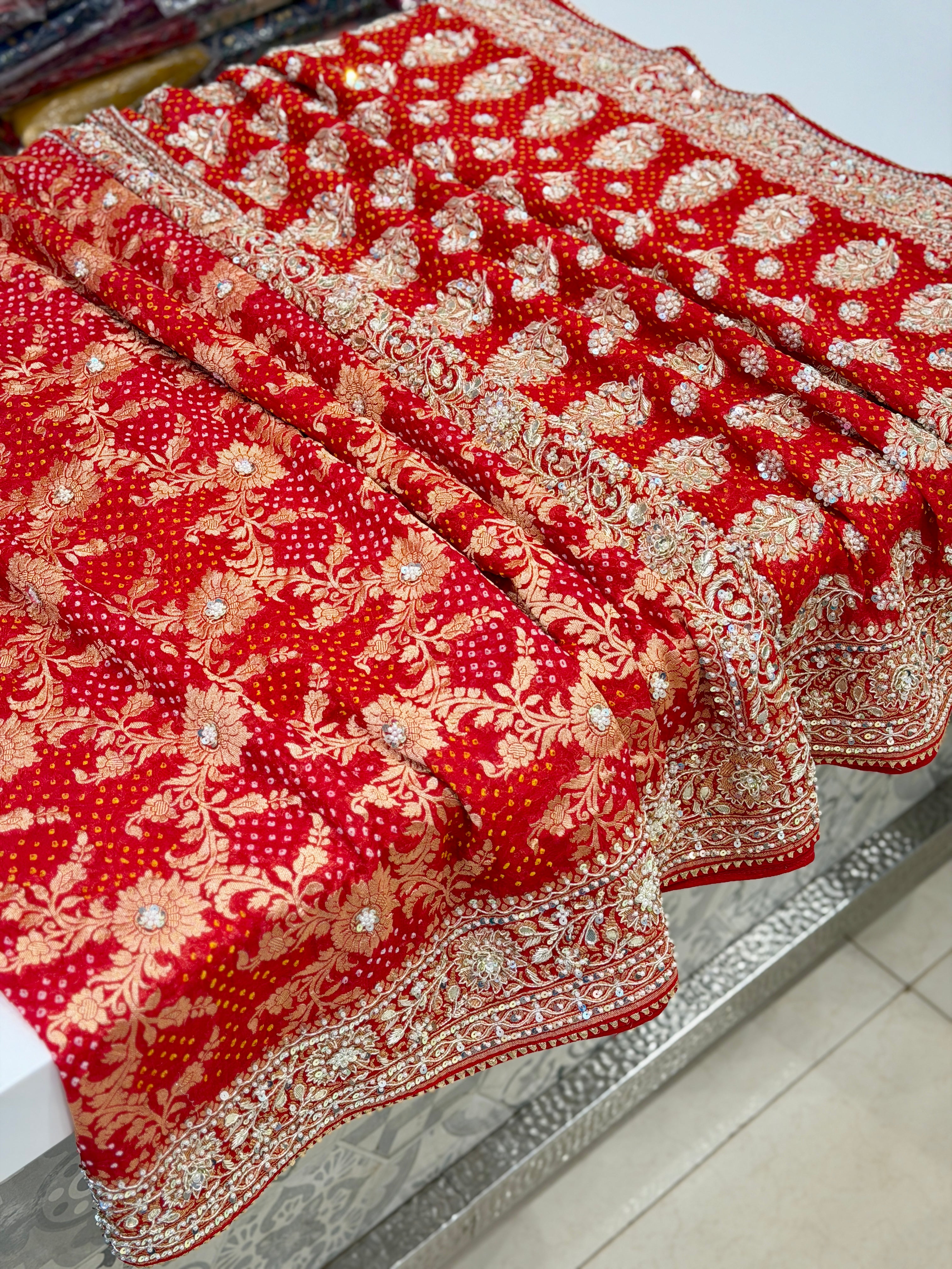 Red Bandhej Zardosi Hand Embroidery Saree