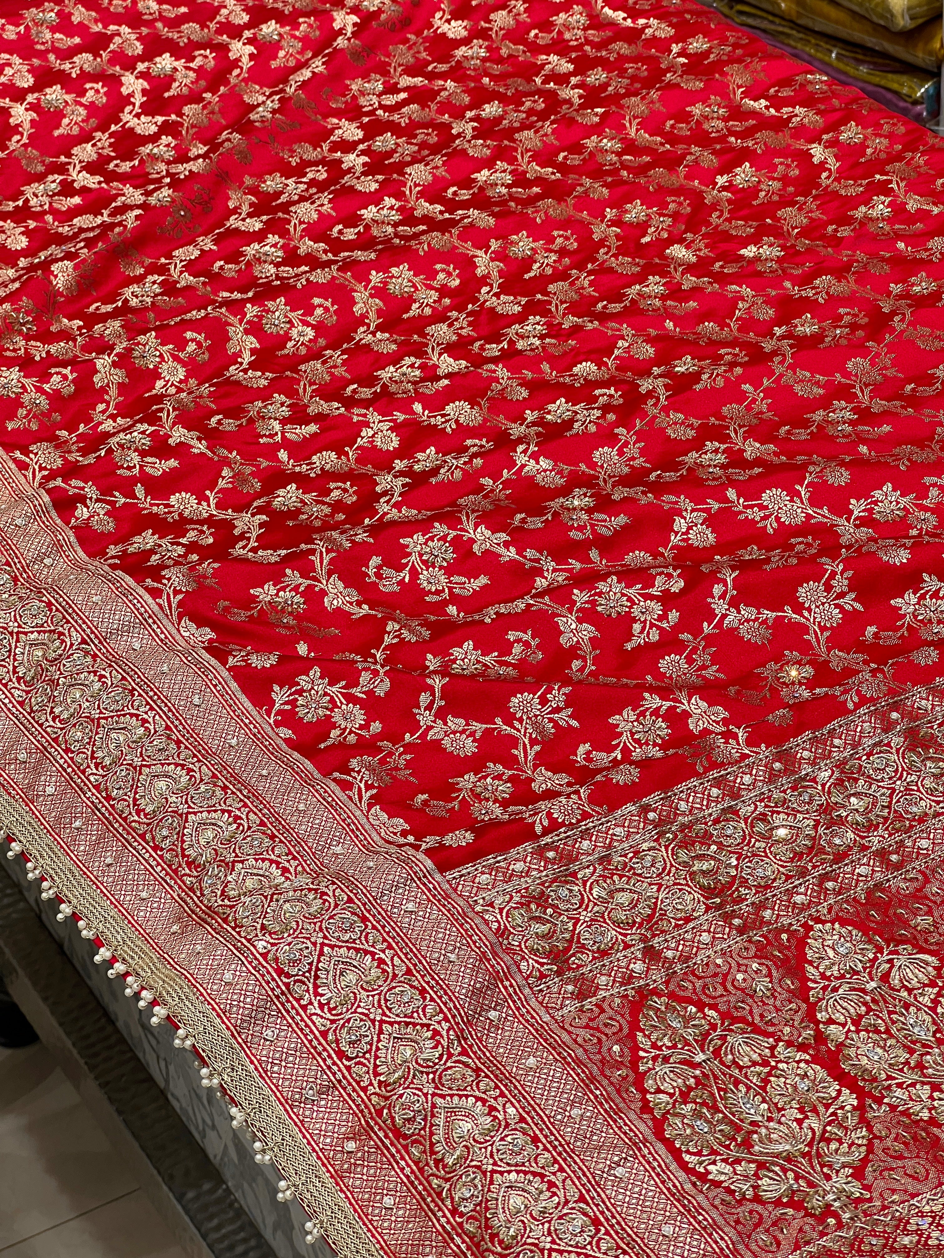 Red Banarasi Zardosi Hand Embroidery Saree