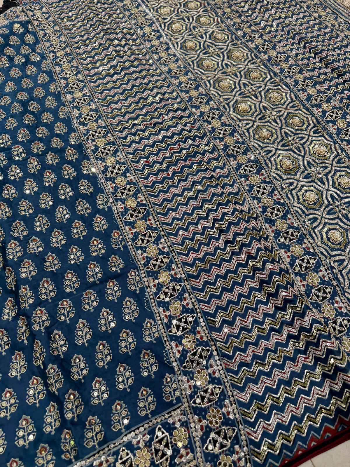 Blue Keri Butti Pita Sequin Ajrakh Hand Embroidery Saree