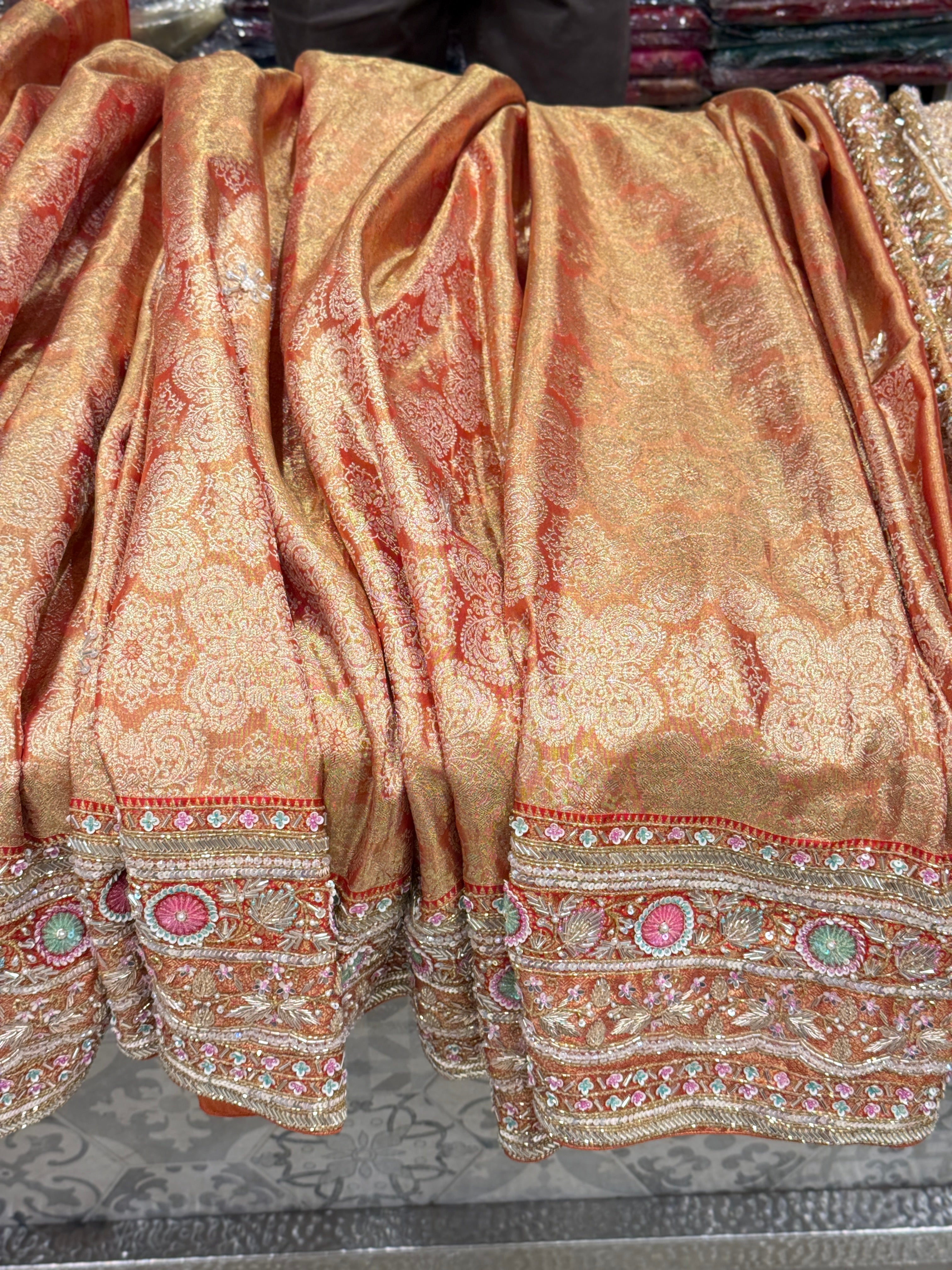 Red Gold Tissue Kanjivaram Hand Embroidery Saree
