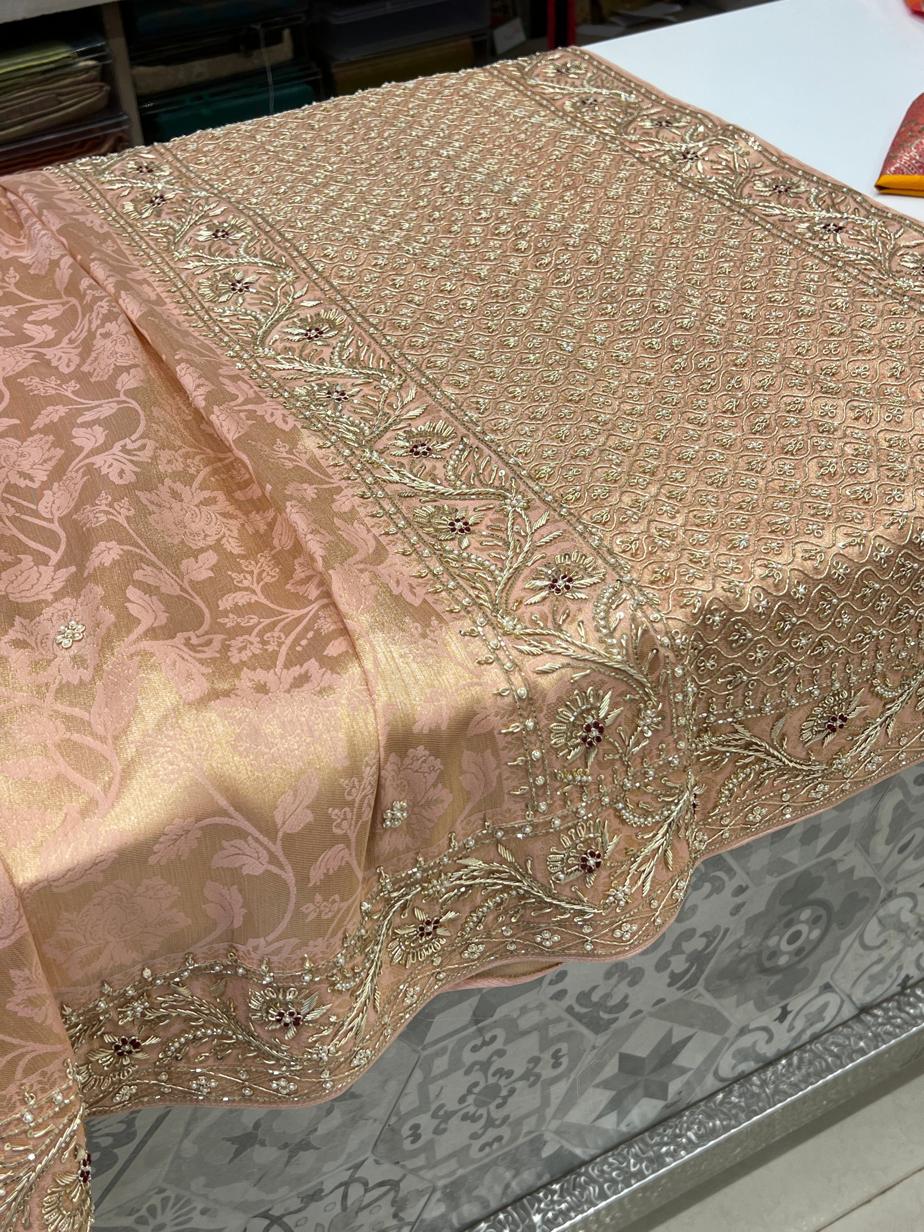 Nude Pink Floral Jaal Banarasi Zardosi Embroidery Saree