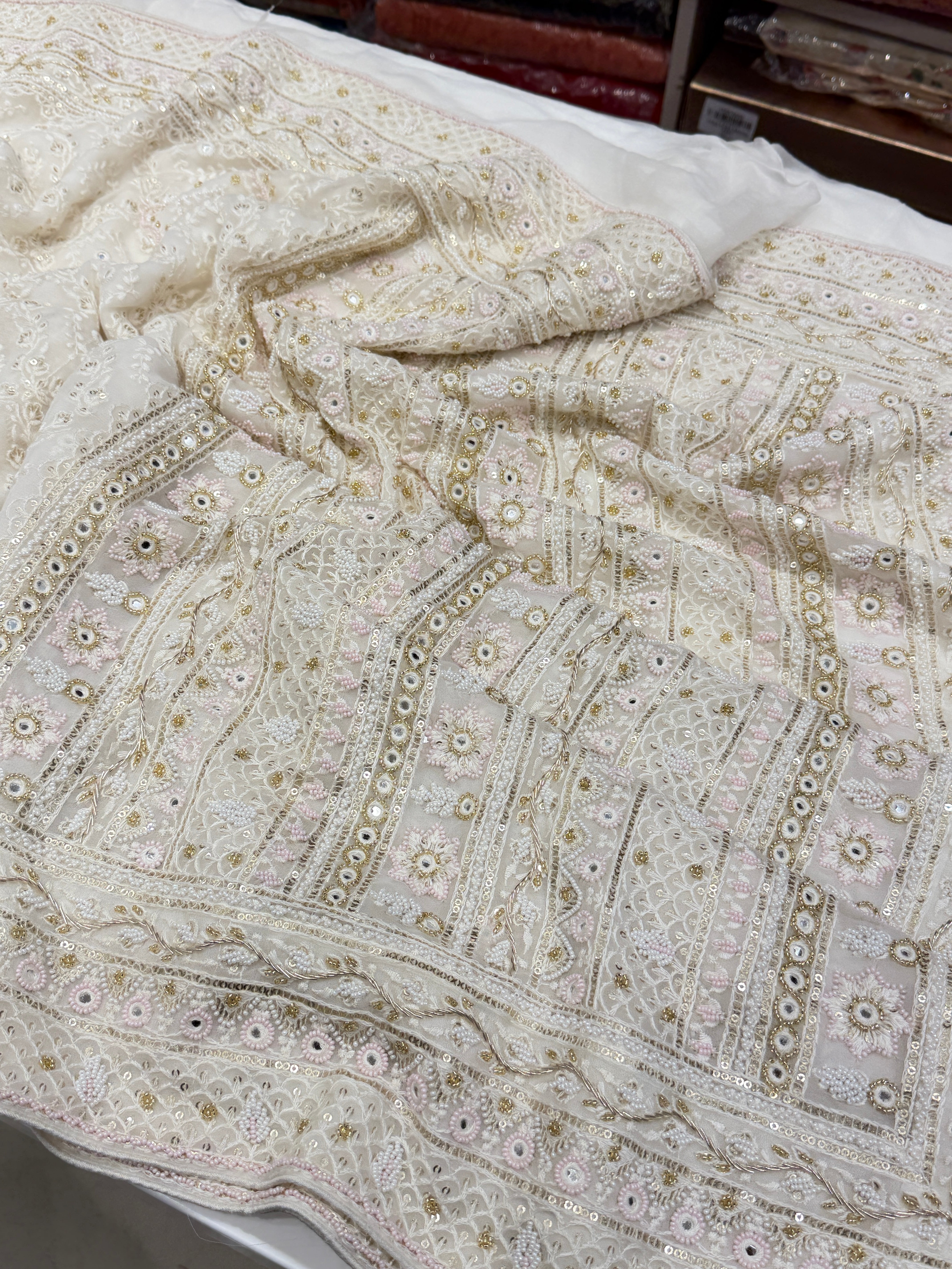 Moti White Chikankari Kidiya Moti Zardosi Hand Embroidery Saree