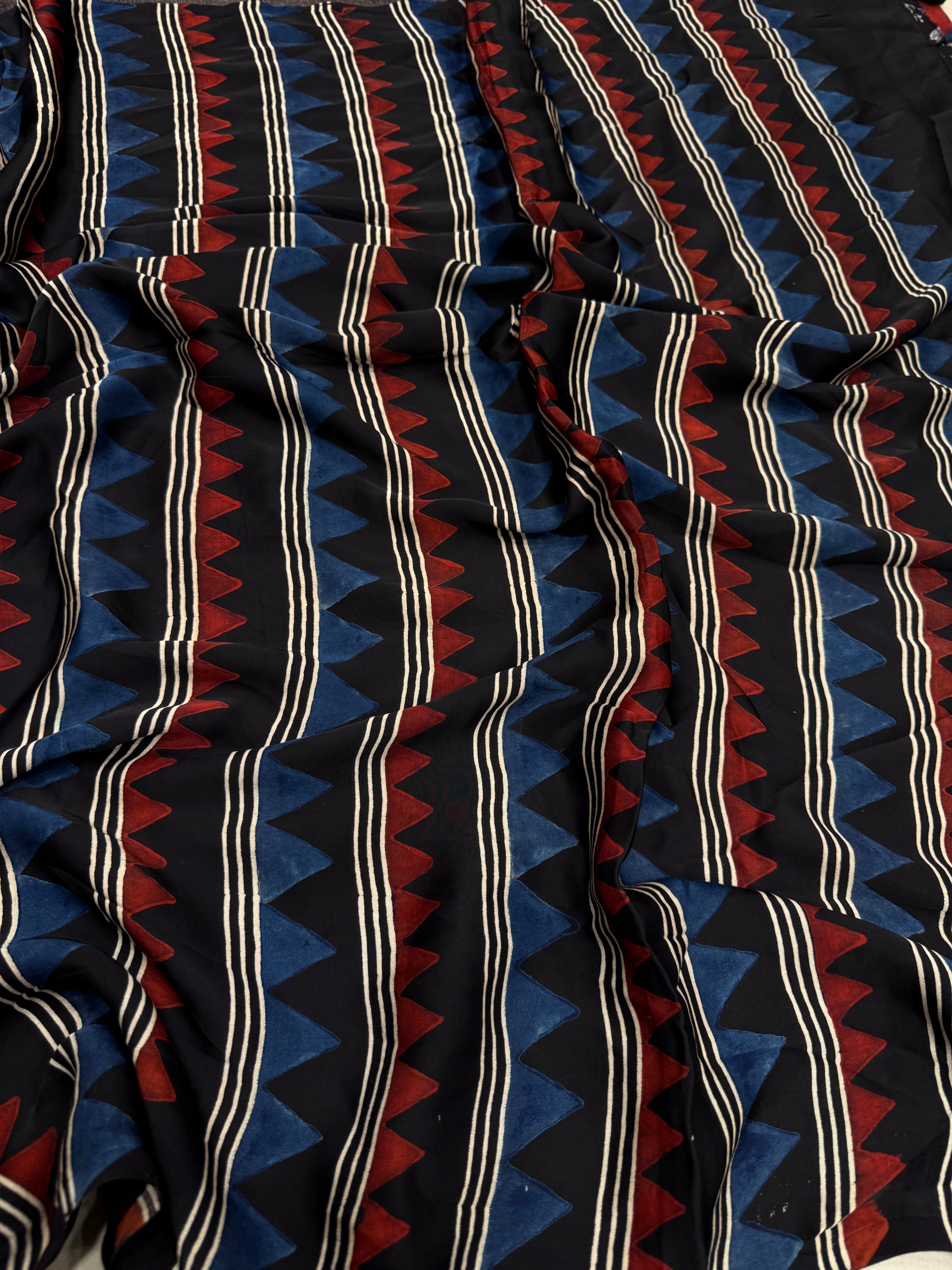 Black Red & Blue Checks Ajrakh Hand Block Print Pure Gajji Silk Saree