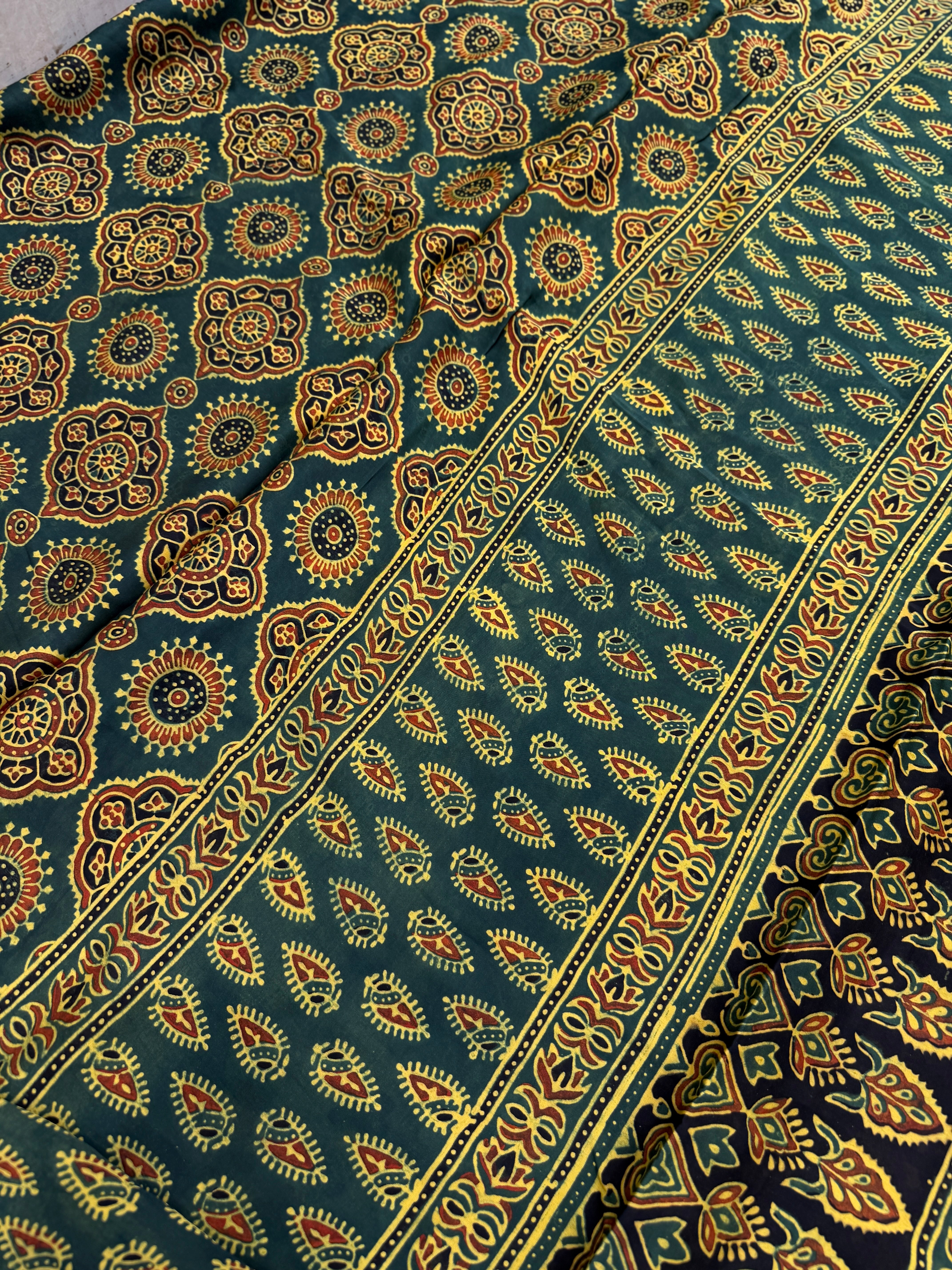 Bottle Green Badam Buttas Ajrakh Hand Block Print Pure Gajji Silk Saree
