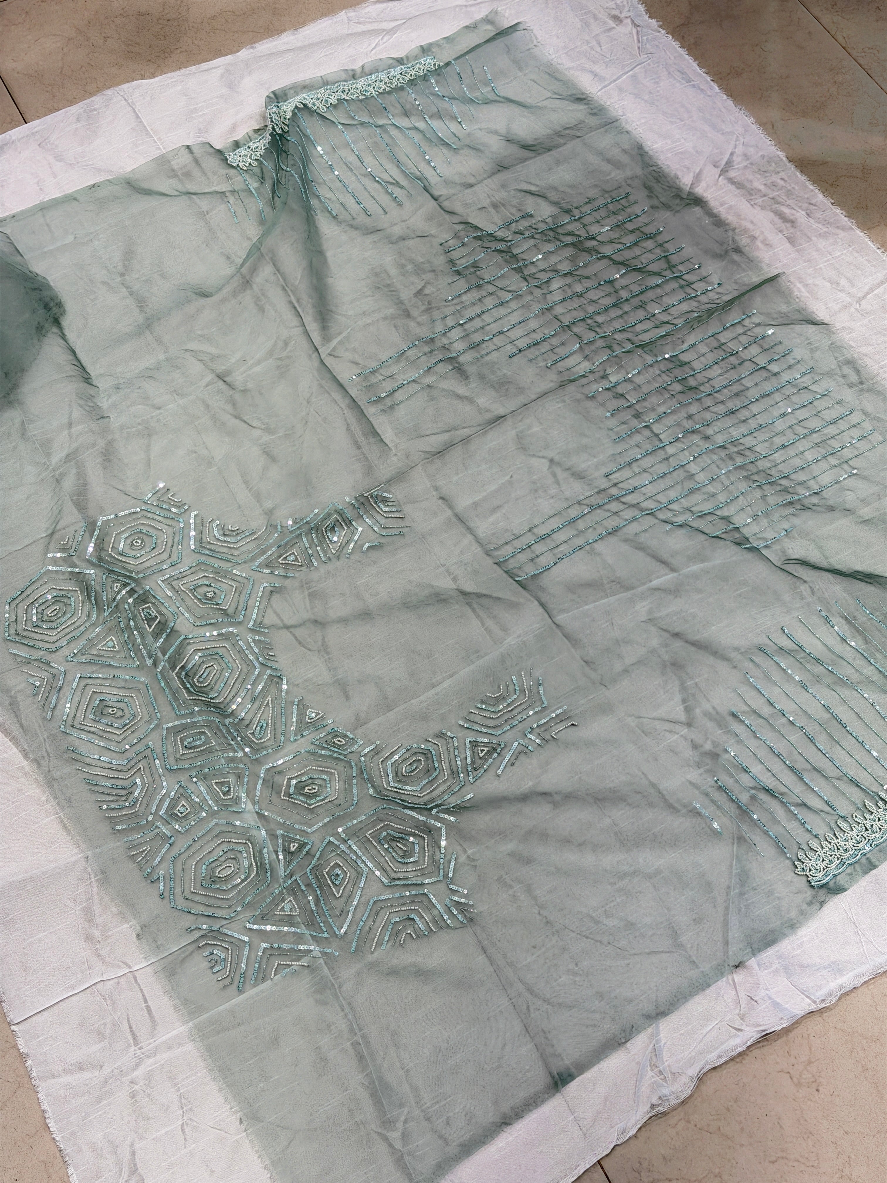 Aqua Blue Organza Hand Embroidery Blouse Piece