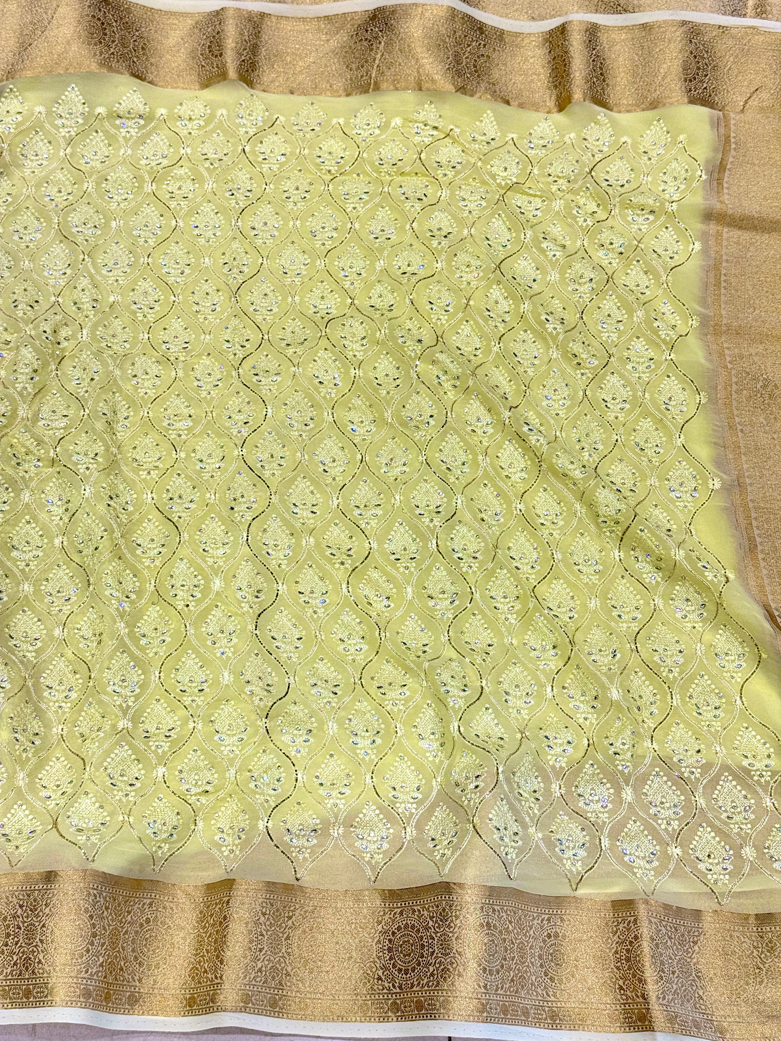 Yellow Chikankari Kanchi Style Hand Embroidery Saree