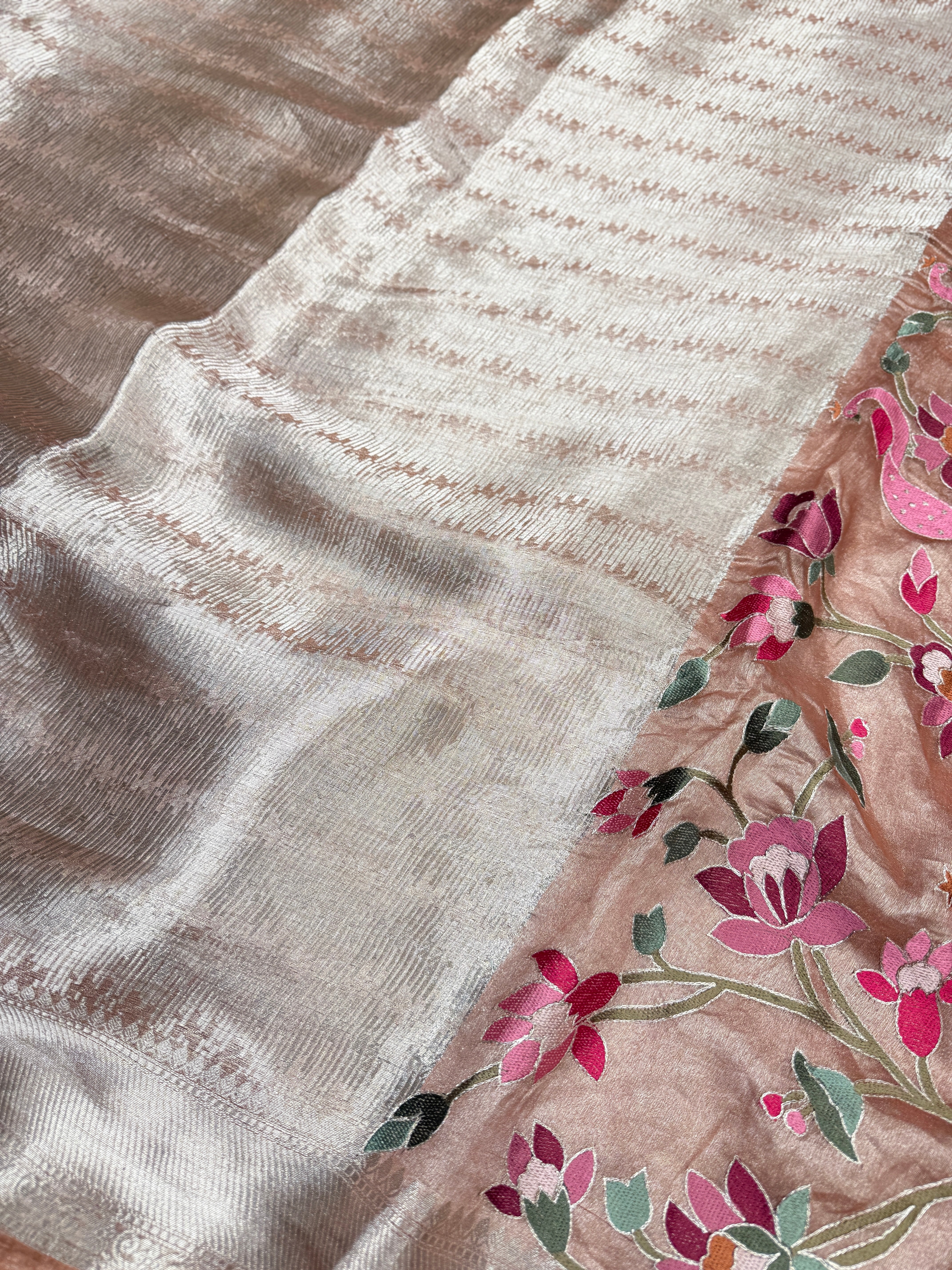Peach Silver Handloom Tissue Swans Contemporary Resham Embroidery Saree