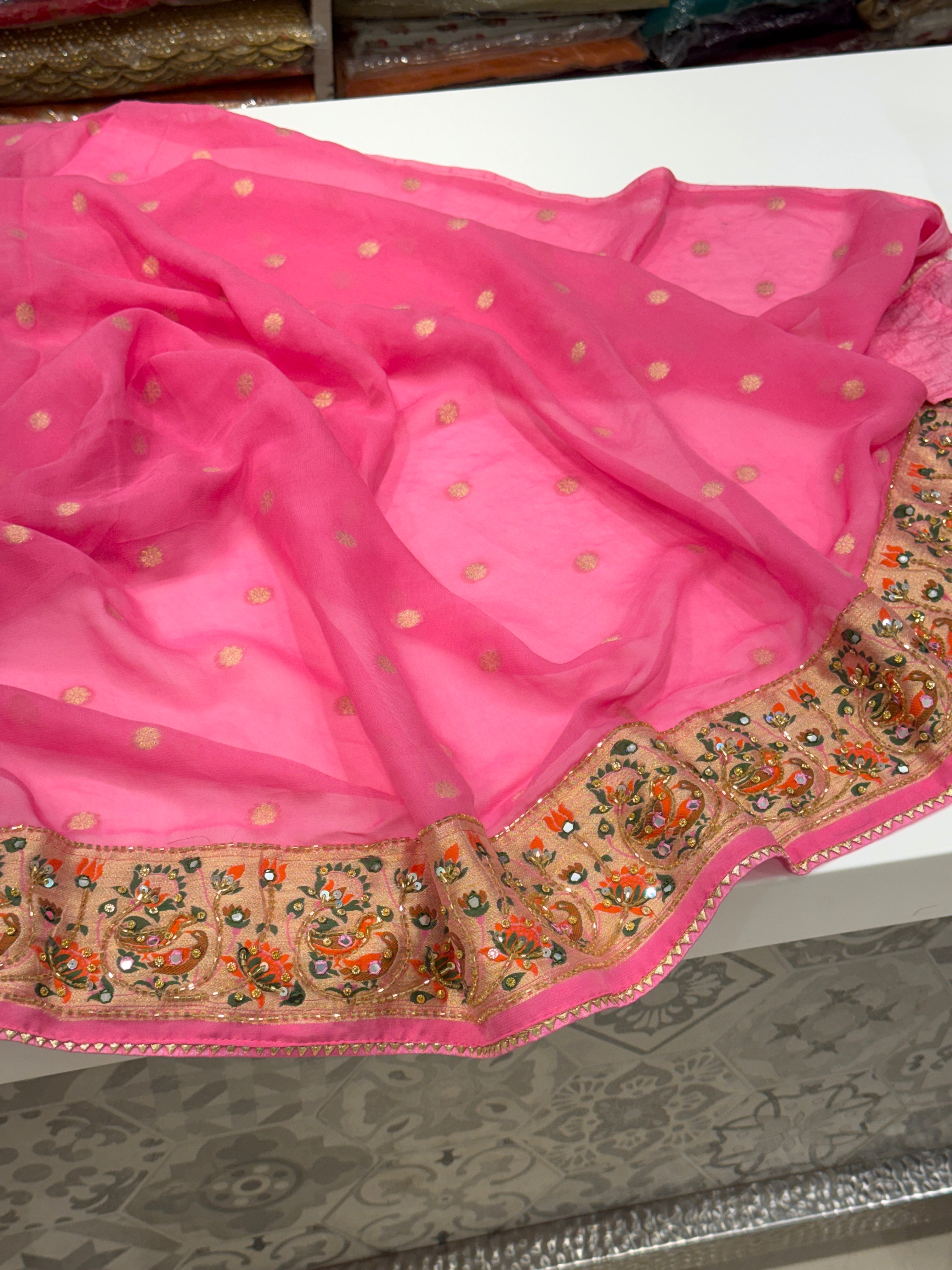 Pink Woven Bandhej Peacock Elephant Motifs Gharchol Embroidery Saree
