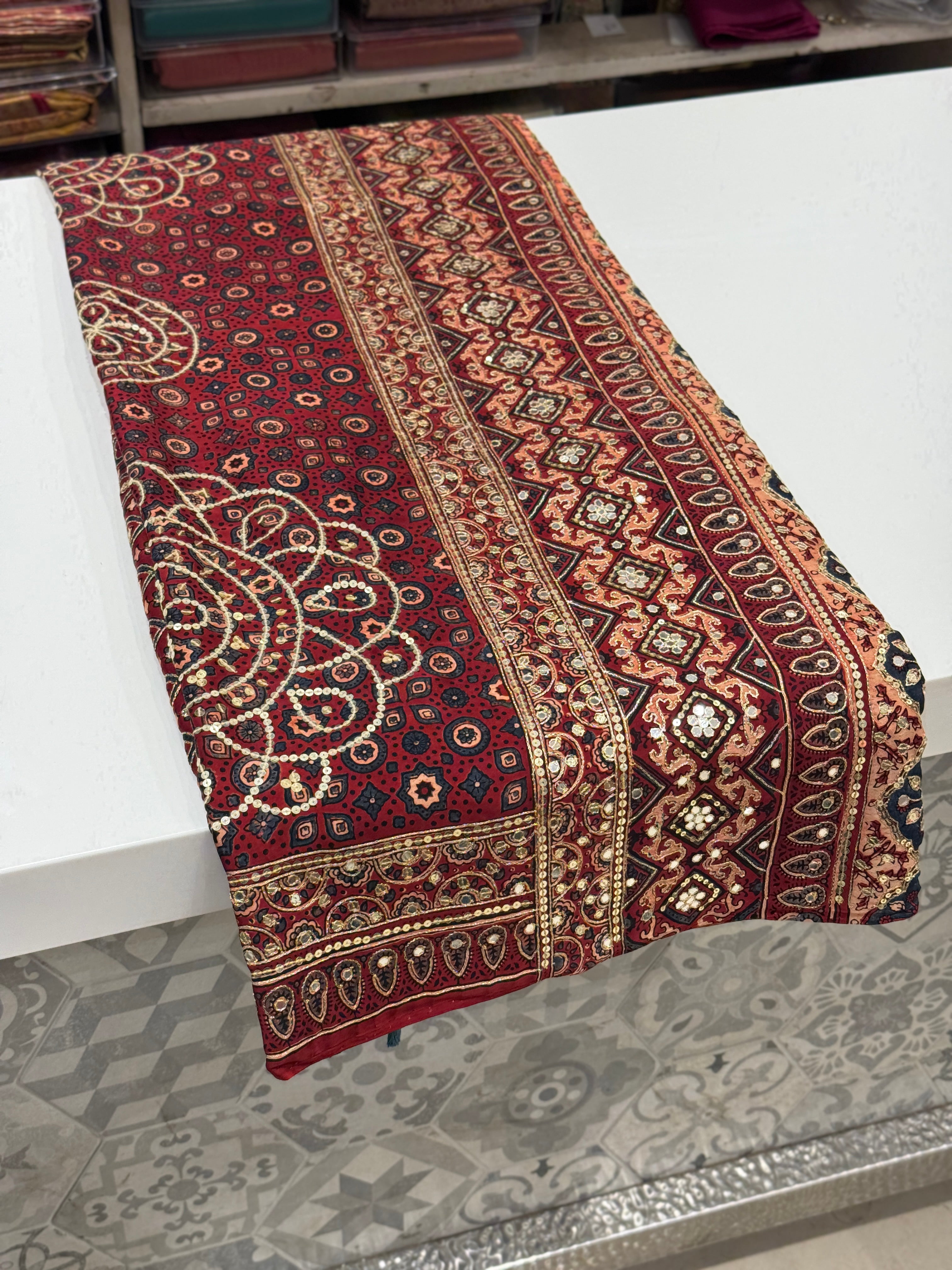 Red Alia Bhatt Inspired Hand Embroidery Ajrakh Saree