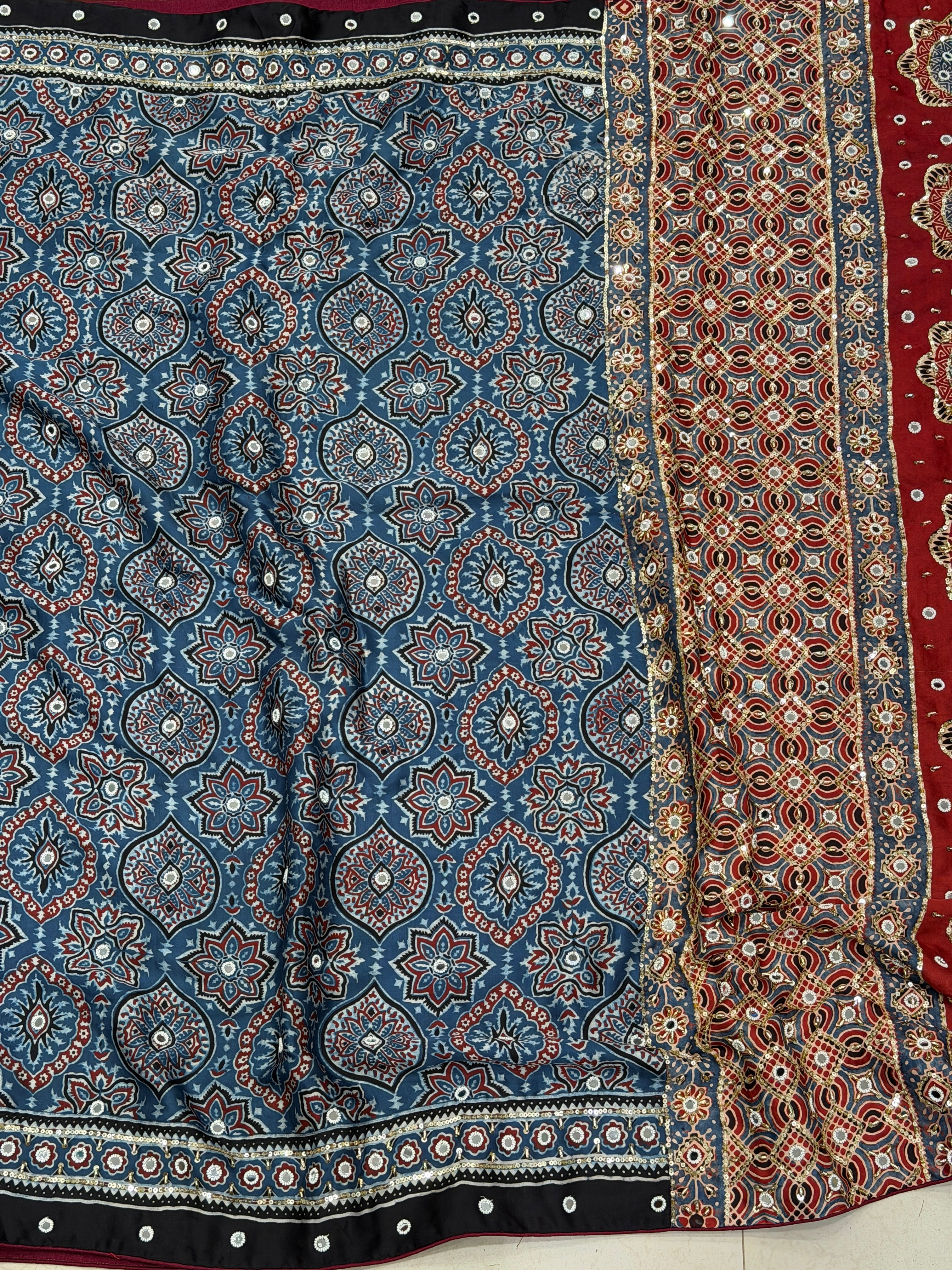 Blue Red Badam Buttis Ajrakh Real Mirror Moti Sequin Hand Embroidery Saree