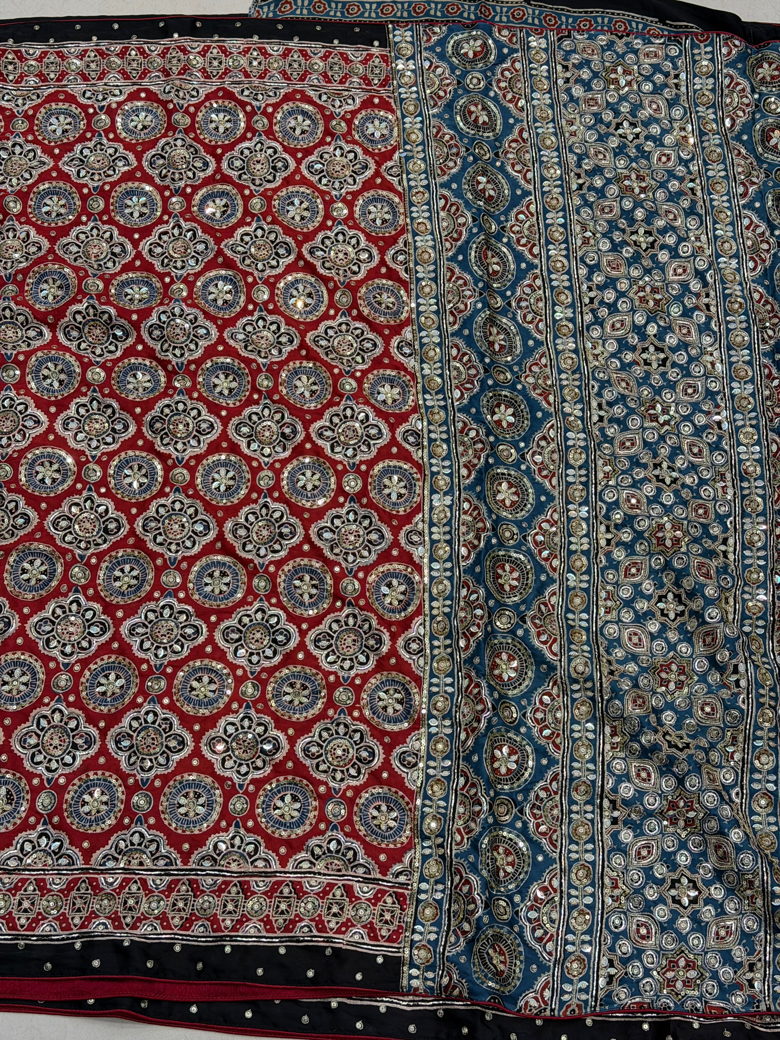 Red Blue Jaal Pita Sequin Ajrakh Hand Embroidery Saree