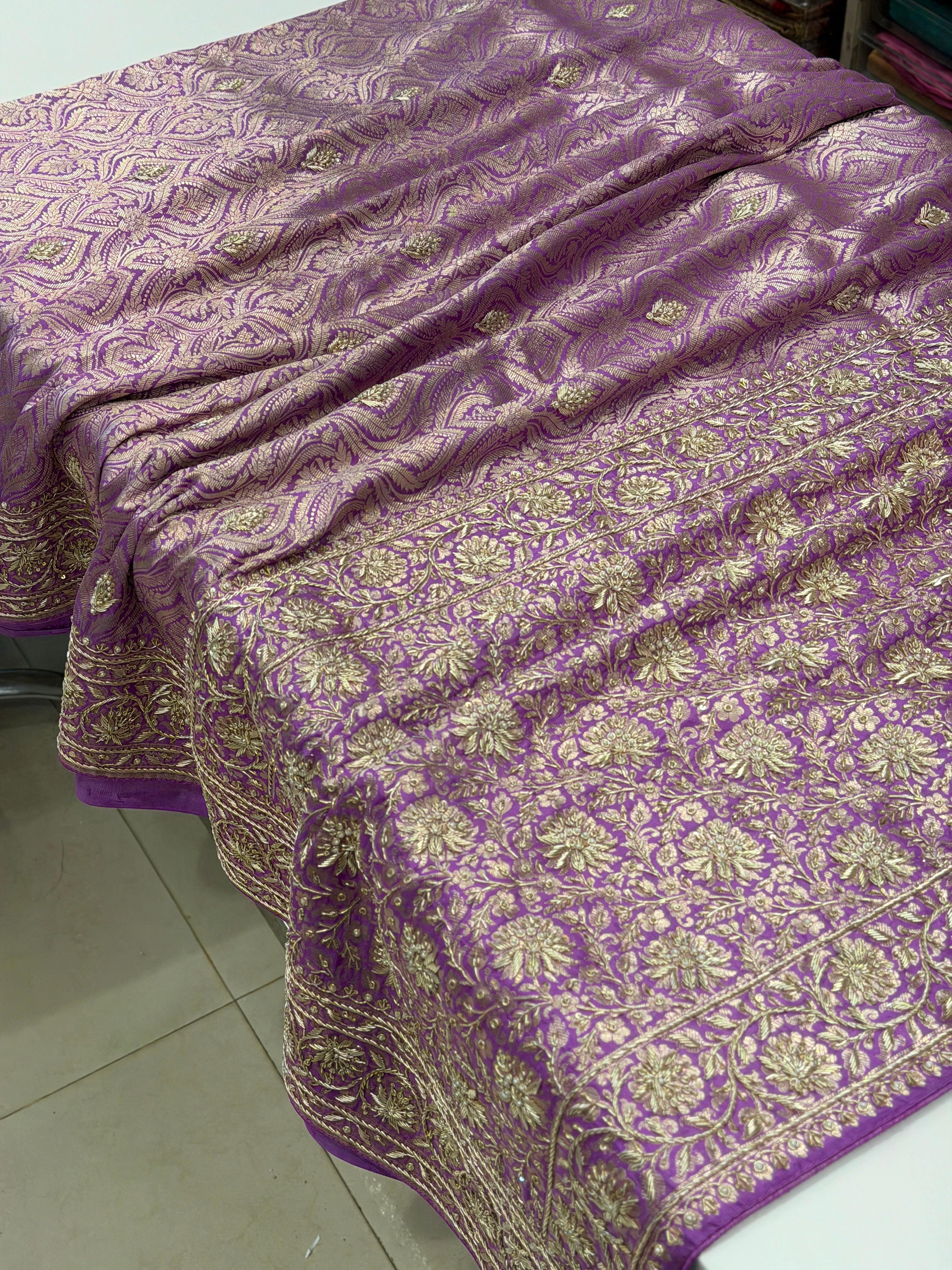 Lilac Brocade Handloom Banarasi Pure Katan Zardosi Embroidery Saree