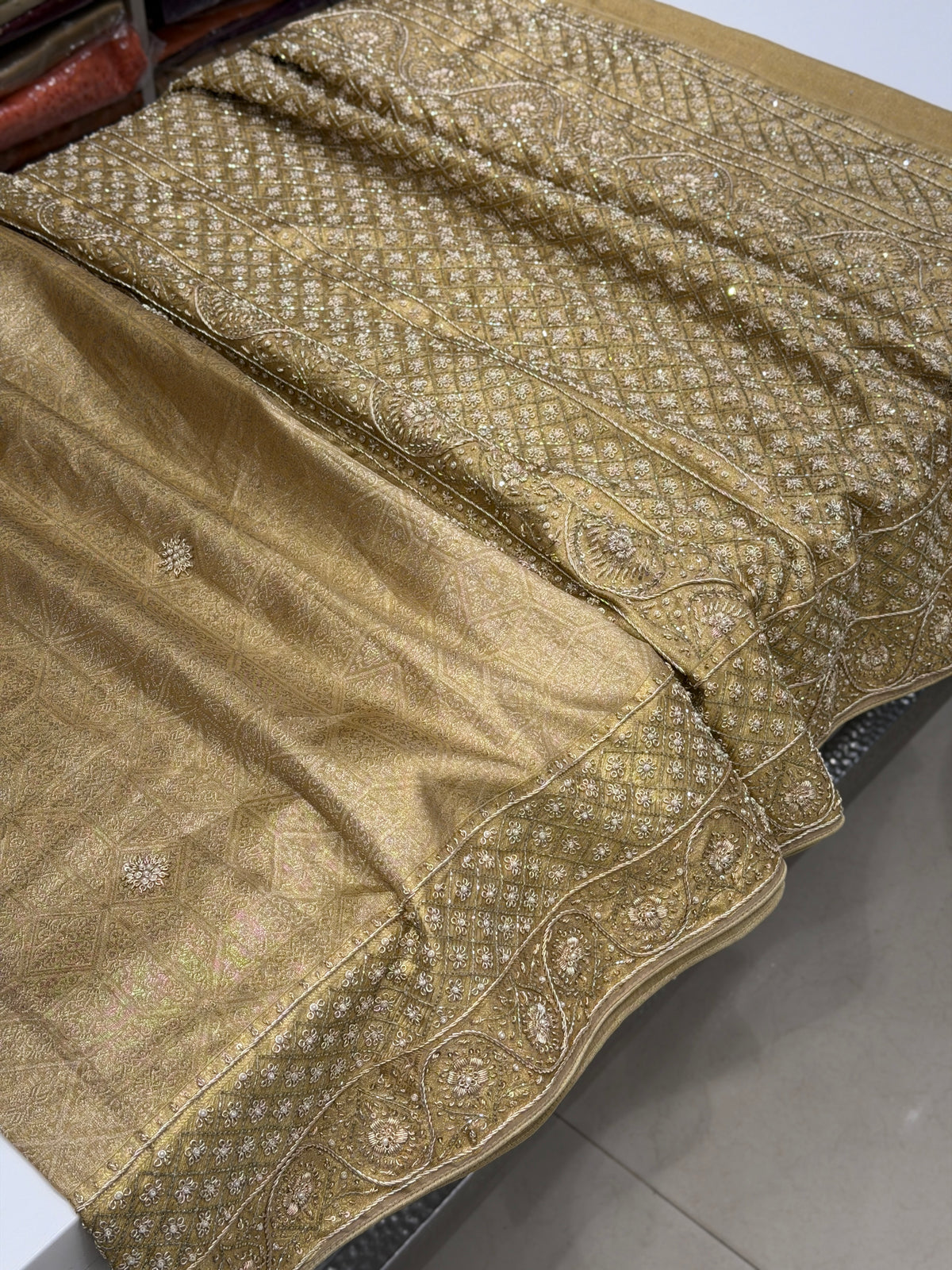 Light Golden Floral Kanjivaram Zardosi Hand Embroidery Saree