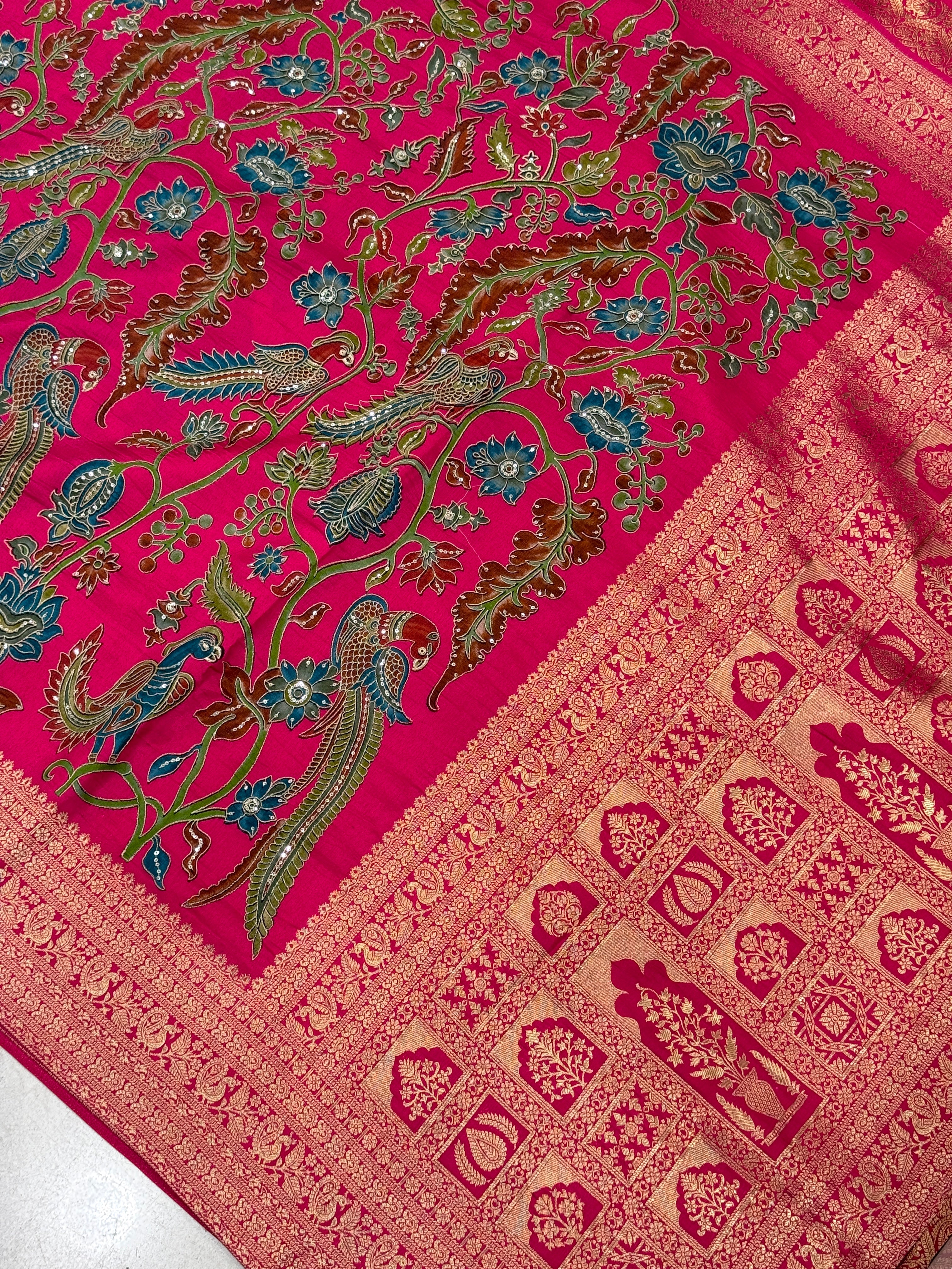 Rani Kalamkari Weave Banarasi Munga Pita Embroidery Saree