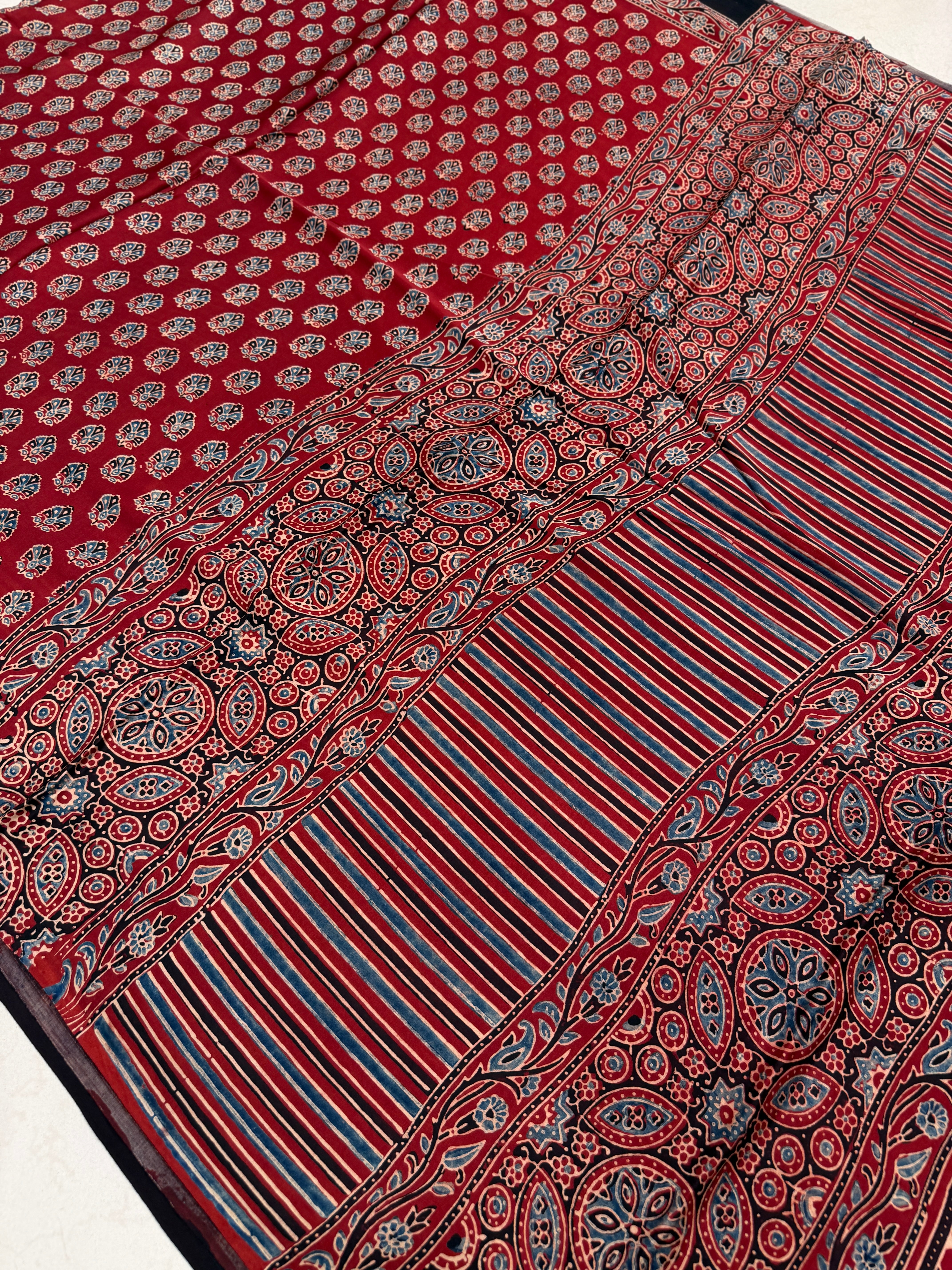 Red Keri Buttas Ajrakh Block Print Hand Pure Gajji Silk Saree